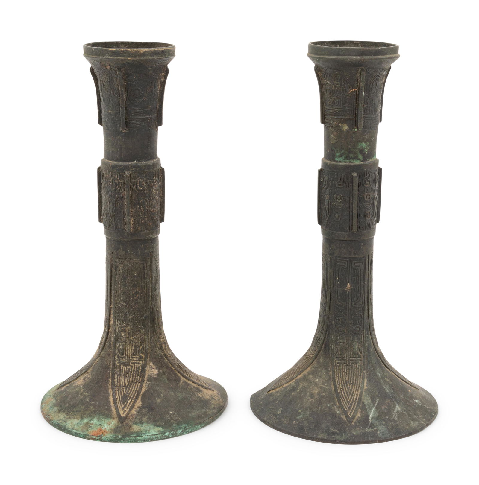A Pair of Chinese Bronze Gu Vases Height 9 1/8 in., 23 (1 of 2)