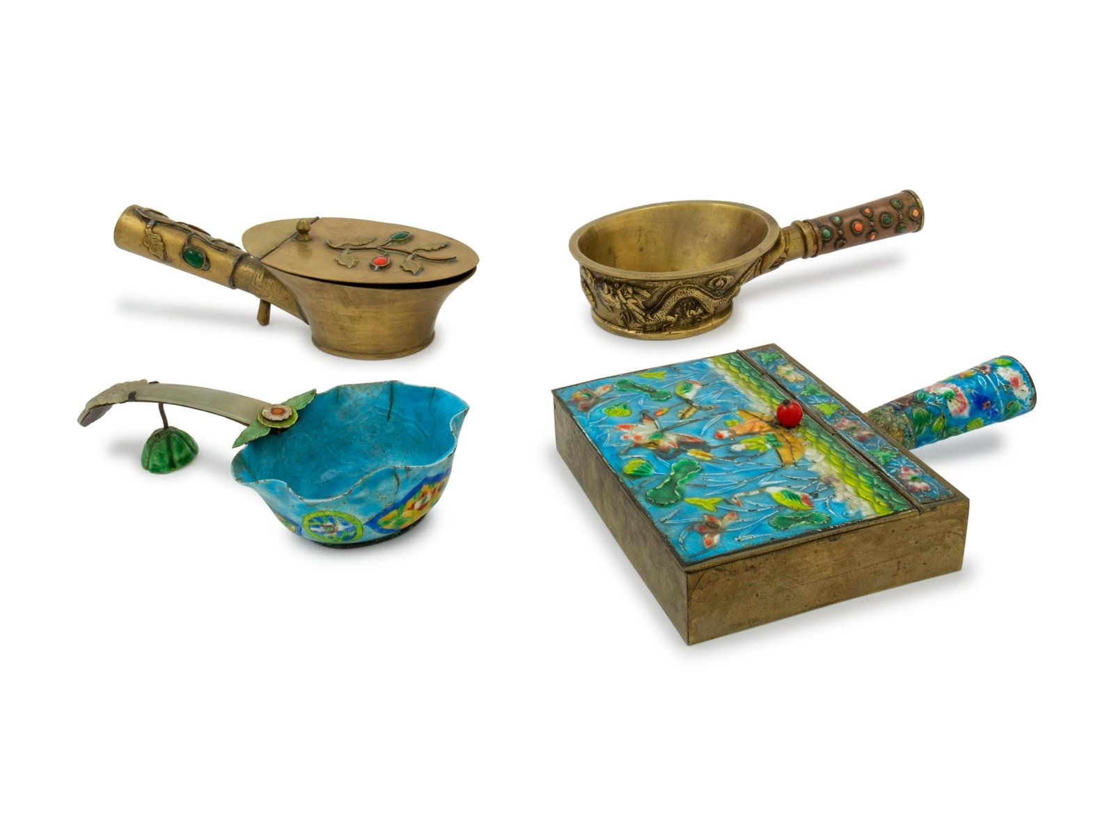 Four Chinese Metal Irons Length of longest 8 1/2 in.,: Four Chinese Metal Irons LATE QING DYNASTY comprising two metal examples, one with hardstone inlays; and two enamel examples, one of which with a pale celadon jade handle. Length of longest 8 1/2 in