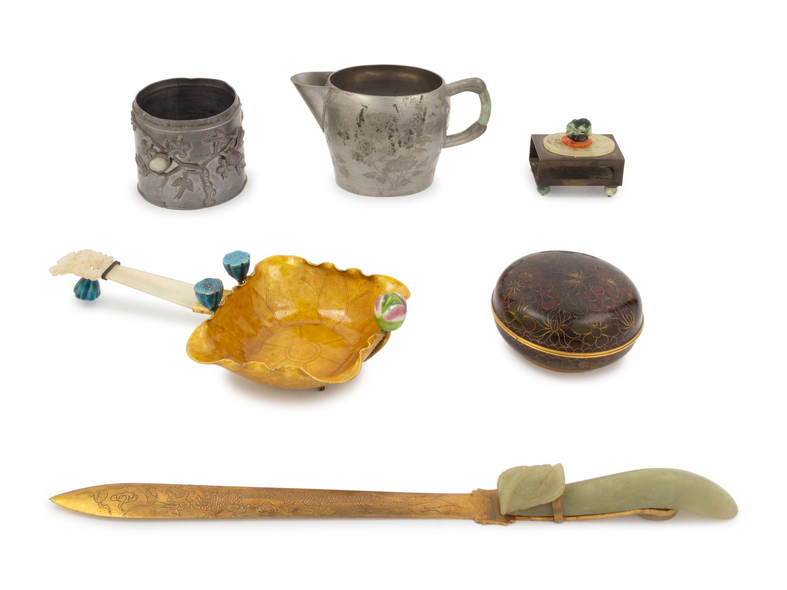 Six Chinese Metal Wares Length of largest 8 in., 20 cm. (1 of 4)