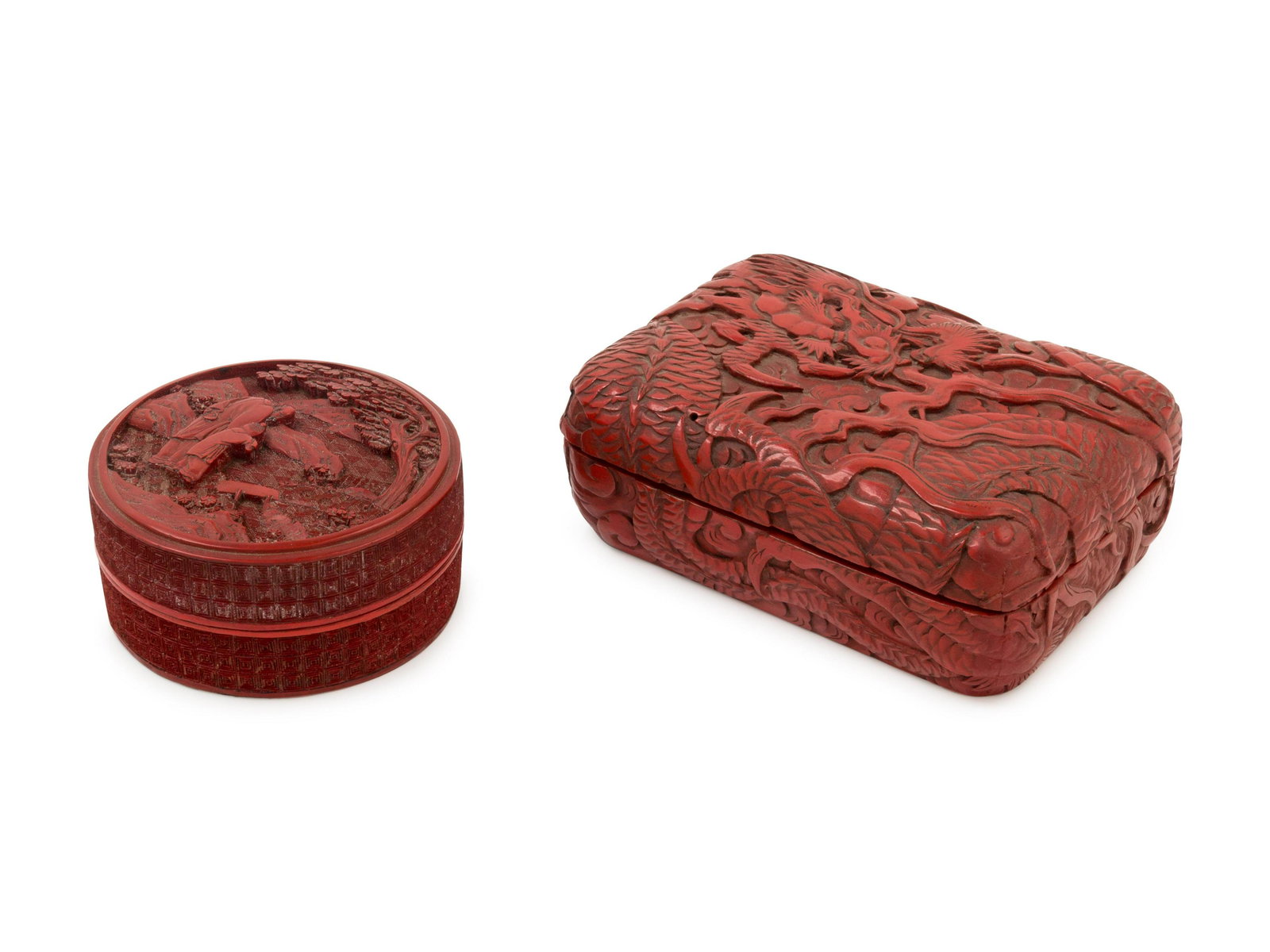 Two Chinese Carved Red Lacquer Covered Boxes Larger: (1 of 3)