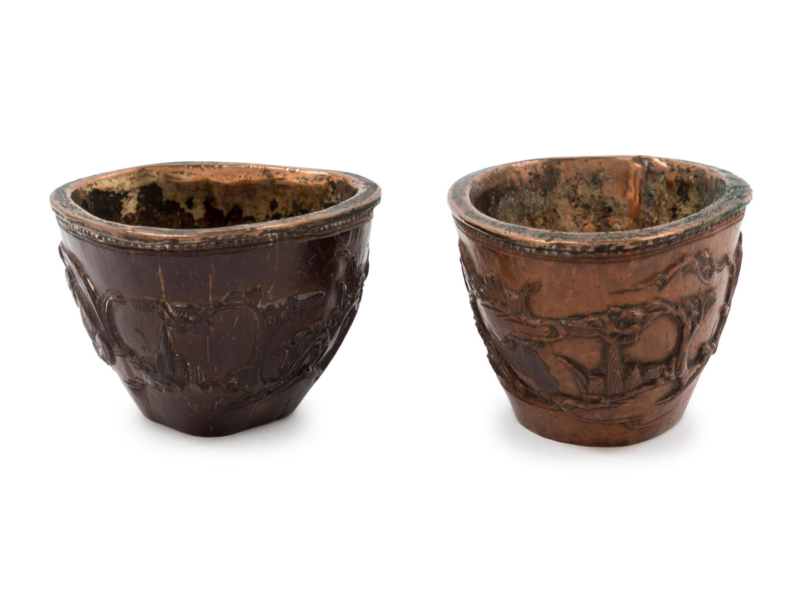 A Pair of Chinese Silver Inlaid Carved Bamboo Cups (1 of 2)