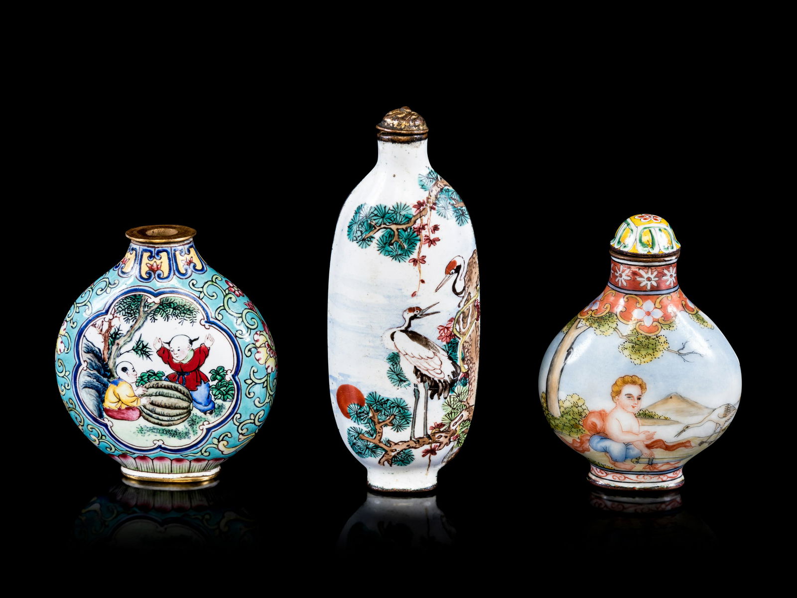 Three Chinese Canton Enamel on Copper Snuff Bottles (1 of 3)