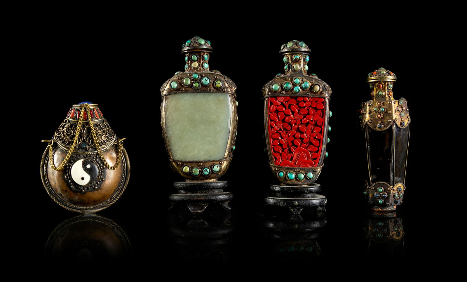Four Chinese Mongolian Silver Mounted Snuff Bottles (1 of 1)