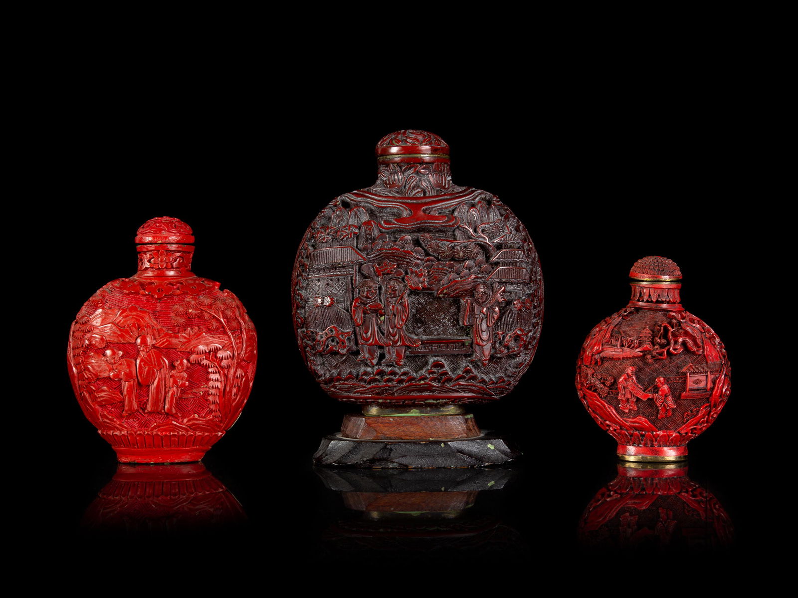 Three Chinese Cinnabar Lacquer Snuff Bottles Largest: (1 of 1)