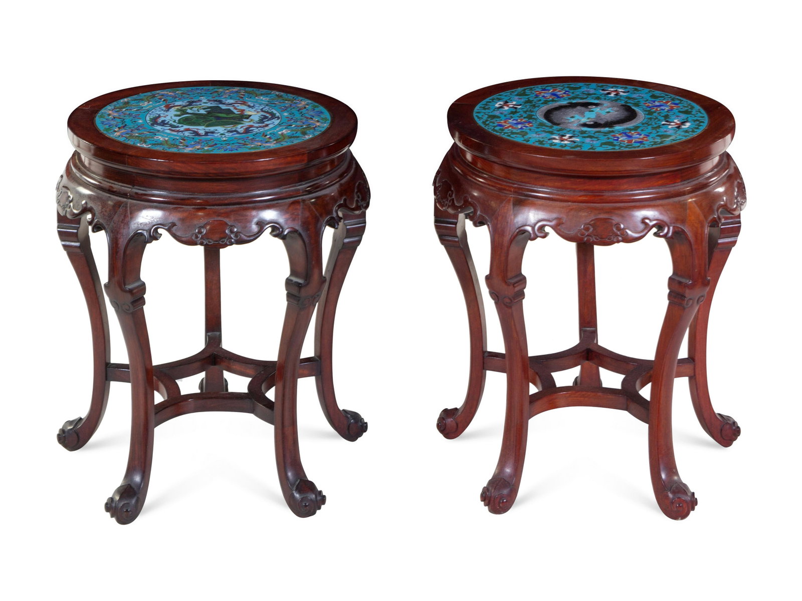 A Pair of Chinese Cloisonne Inset Hardwood Stools : A Pair of Chinese Cloisonne Inset Hardwood Stools 20TH CENTURY of high-waisted form and supported by five S-shaped legs. Height 20 1/2 in., 52 cm. Property from a Private Collection, Chicago, Illino