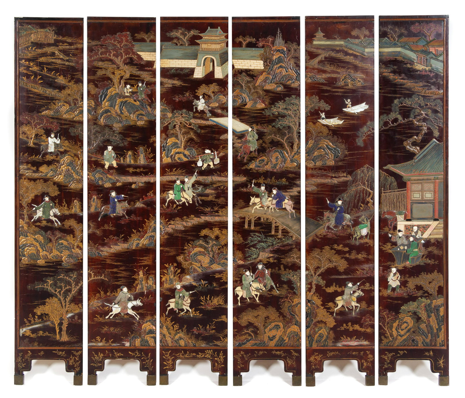 A Hardstone Inset Brown Lacquered Six-Fold Floor Screen (1 of 1)