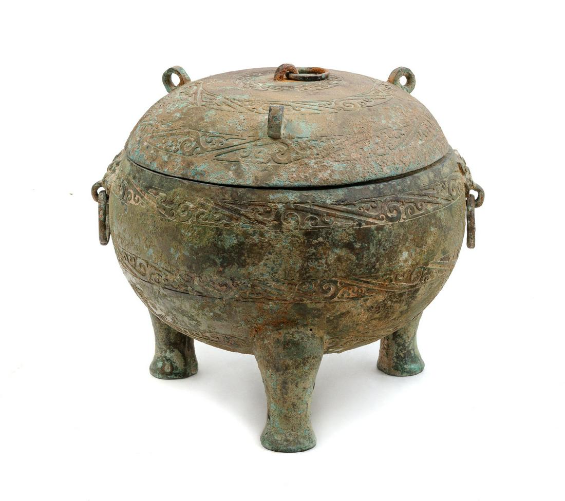 A Chinese Bronze Tripod Covered Vessel, Ding (1 of 3)