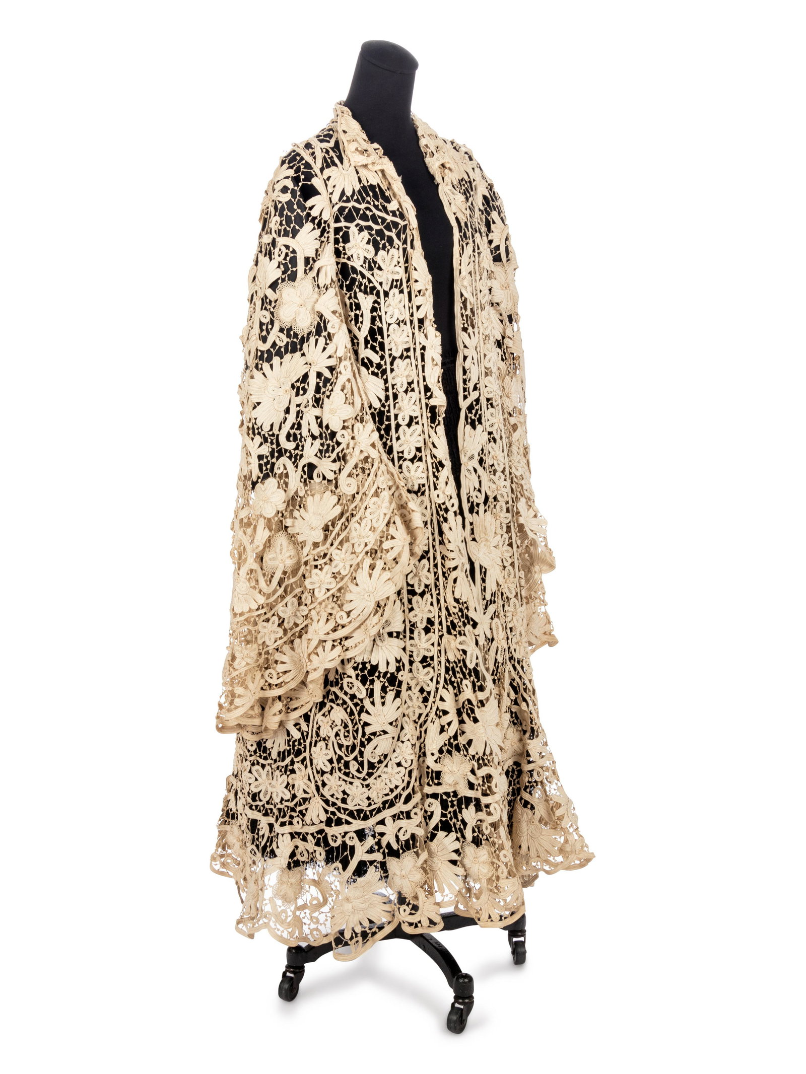 Edwardian Ivory Lace Jacket, 1900s-1910s: Edwardian Ivory Lace Jacket, 1900s-1910s Edwardian tape lace evening jacket with a wide sweeping hem and long flared sleeves. The jacket has a stand collar and a center front opening with no closures.