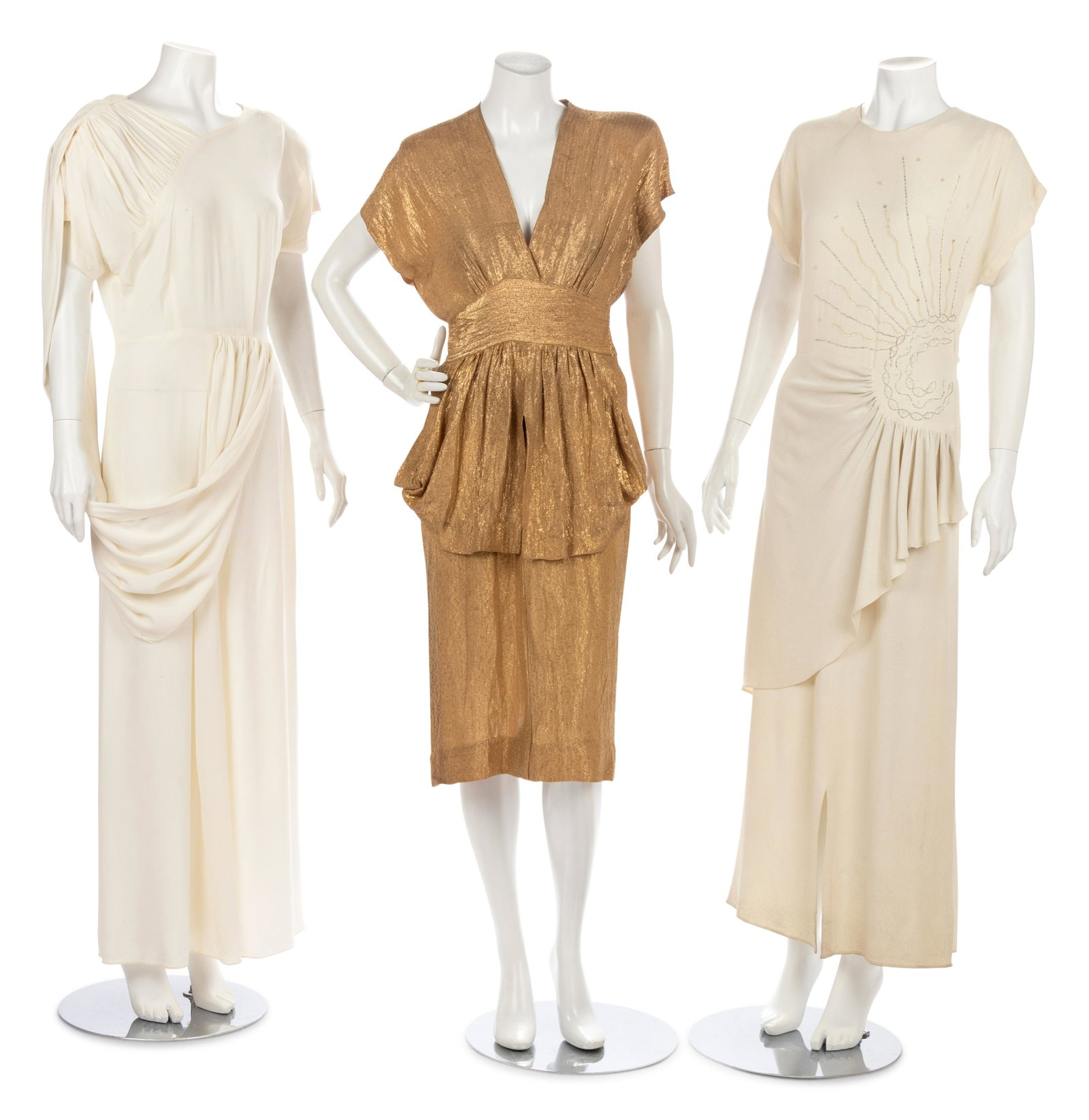 Three Dresses; One Draped White Dress, One Gold Lame: Three Dresses; One Draped White Dress, One Gold Lame Dress, One White Beaded and Sequined Dress, 1940s This lot includes three dresses. THE FIRST White crepe short sleeve dress with right 