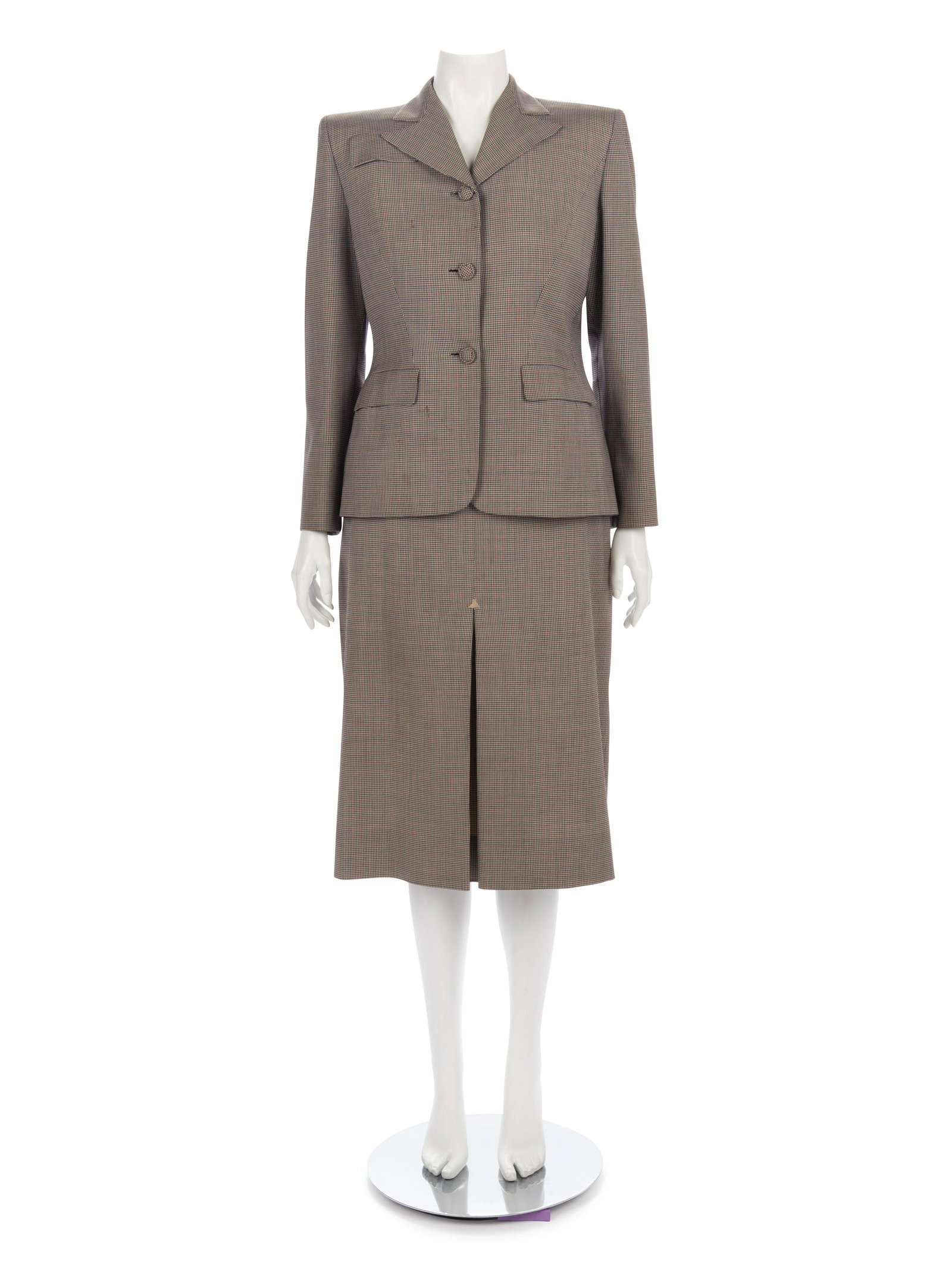Adrian Skirt Suit, 1940s: Adrian Skirt Suit, 1940s Red, white, and blue worsted wool hounds tooth windowpane suit jacket with fish-eye lapel and front button closures; paired with matching skirt with center front inverted box 