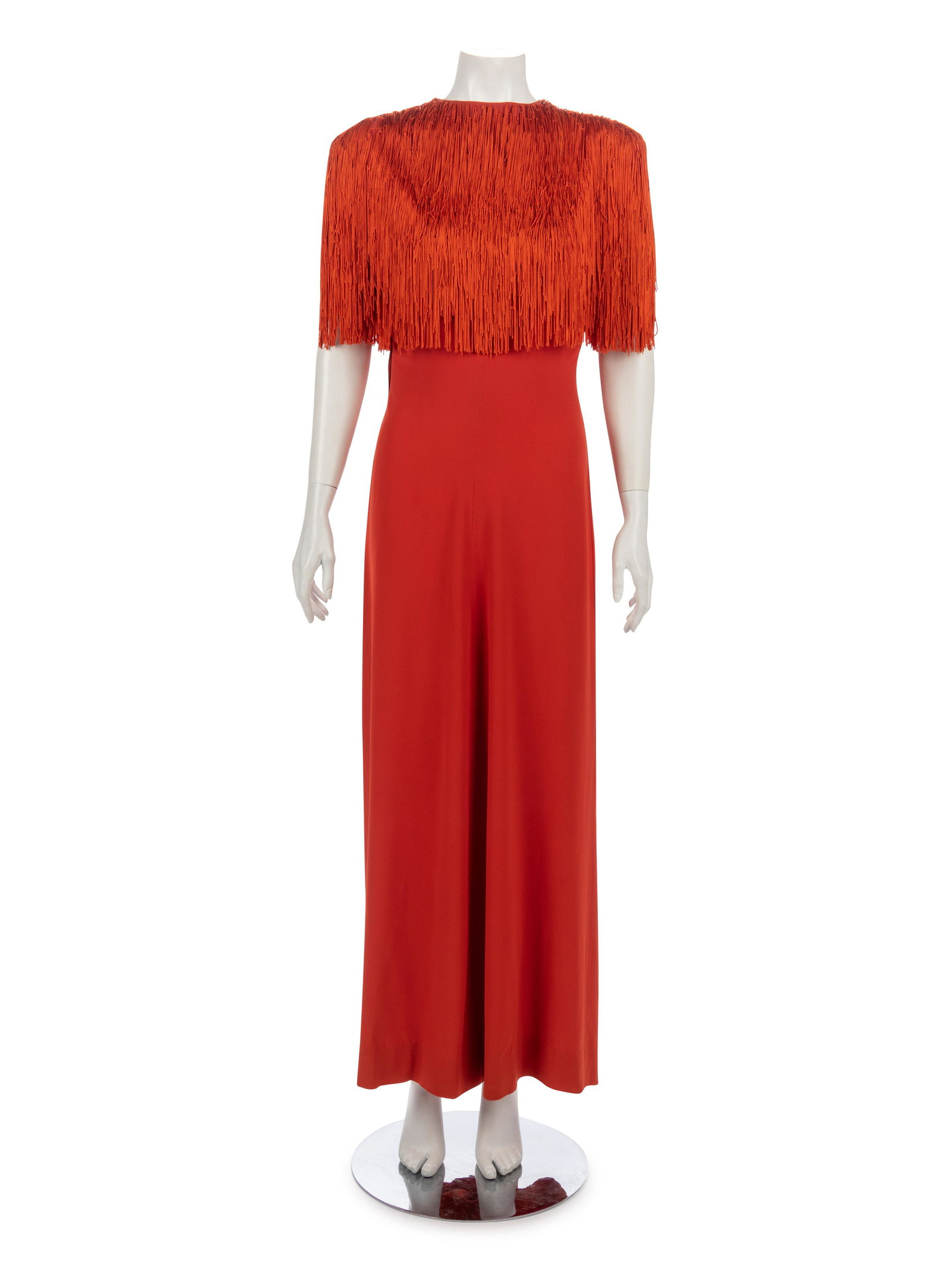 Teal-Traina Evening Dress, 1940s: Teal-Traina Evening Dress, 1940s Orange chain fringe topped evening dress with short sleeves and flared skirt. Label: Traina-Norell (There is also a Marshall Field & Company 28 Shop Label) 