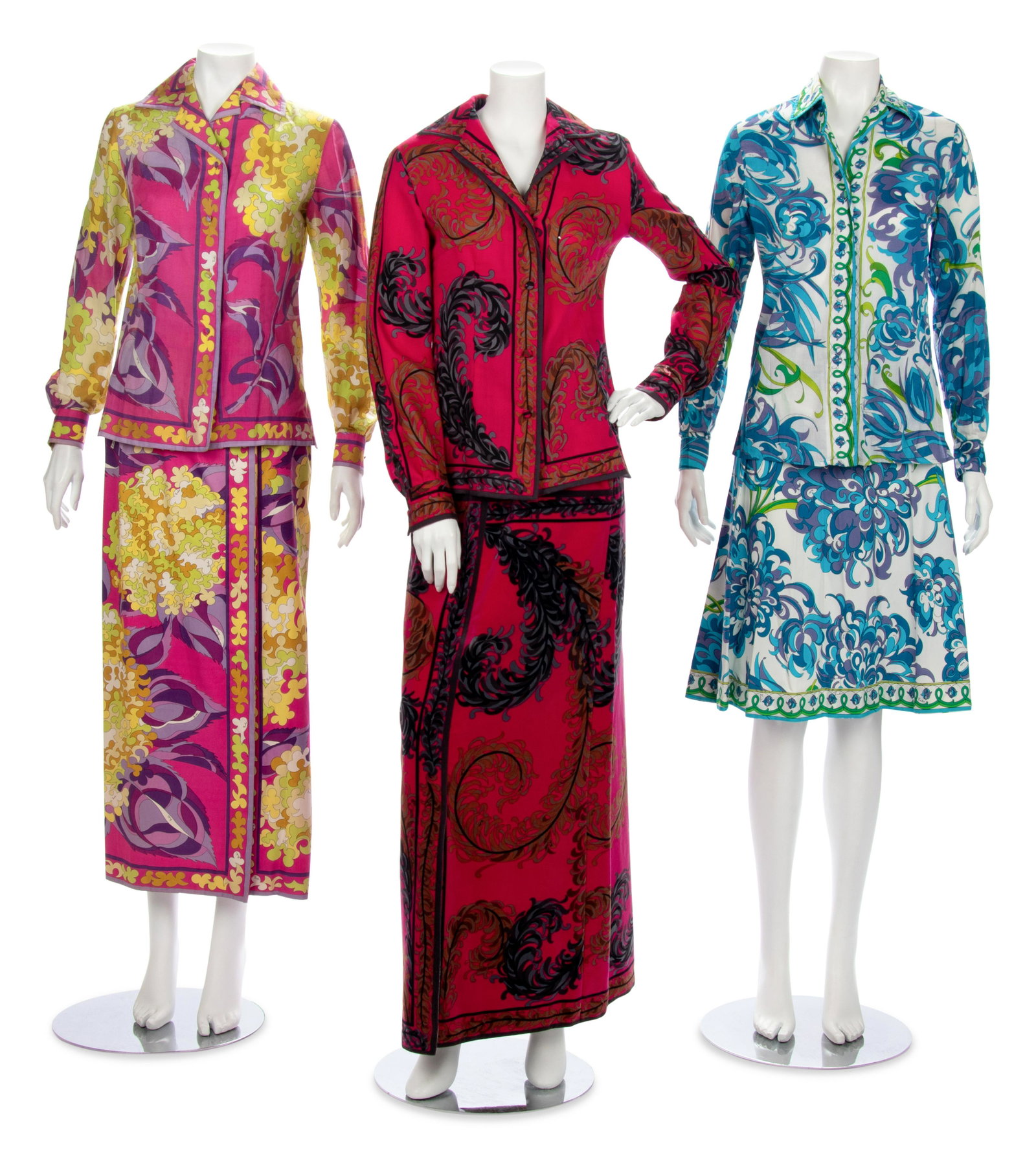 Three Vintage Emilio Pucci Ensembles, 1960-70s: Three Vintage Emilio Pucci Ensembles, 1960-70s This lot includes three ensembles. THE FIRST Blue, purple, green, print cotton lawn long sleeve blouse with rolled collar and center front button c