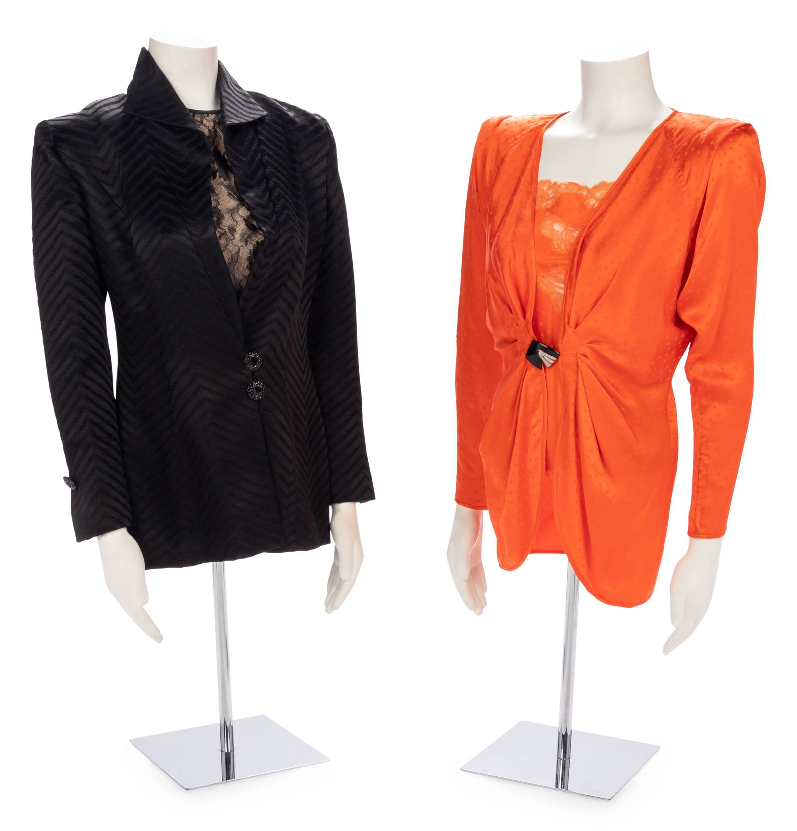 Group of Three Designer Groups; One Bob Mackie, Two: Group of Three Designer Groups; One Bob Mackie, Two Ungaro, 1980s This lot includes three looks; one Bob Mackie, two Ungaro. THE FIRST Black acetate blend chevron satin stripe jacket with back s