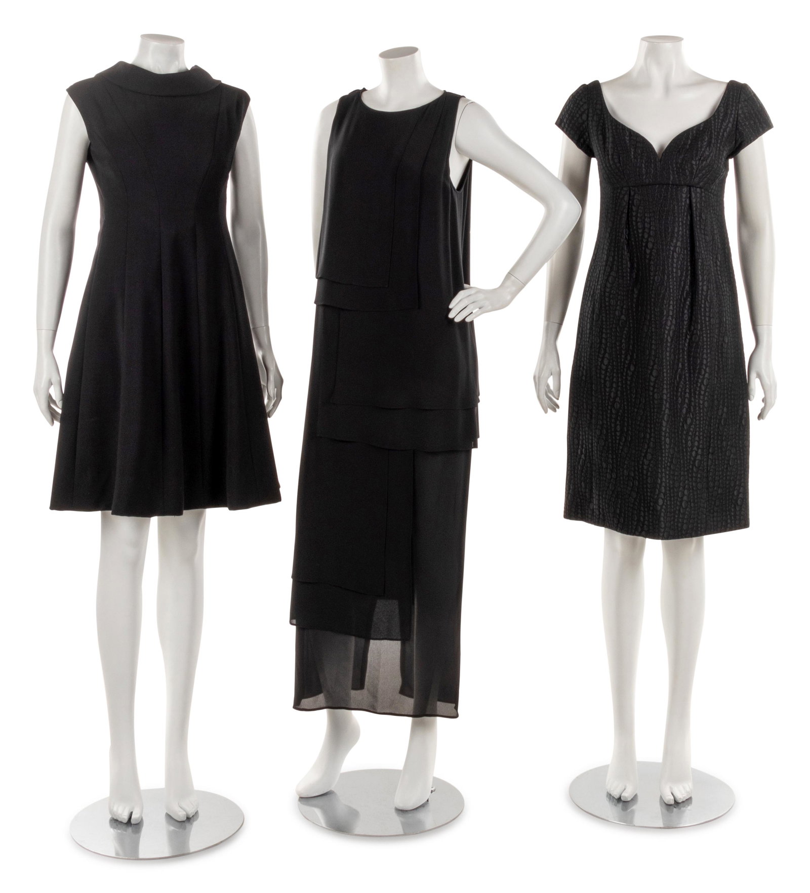 Three Vintage Designer Dresses: Norman Norell, Geoffrey: Three Vintage Designer Dresses: Norman Norell, Geoffrey Beene, Karl Lagerfeld, 1960-90s This lot includes three designer dresses. THE FIRST Black wool cap sleeve A-line dress with turned off-nec