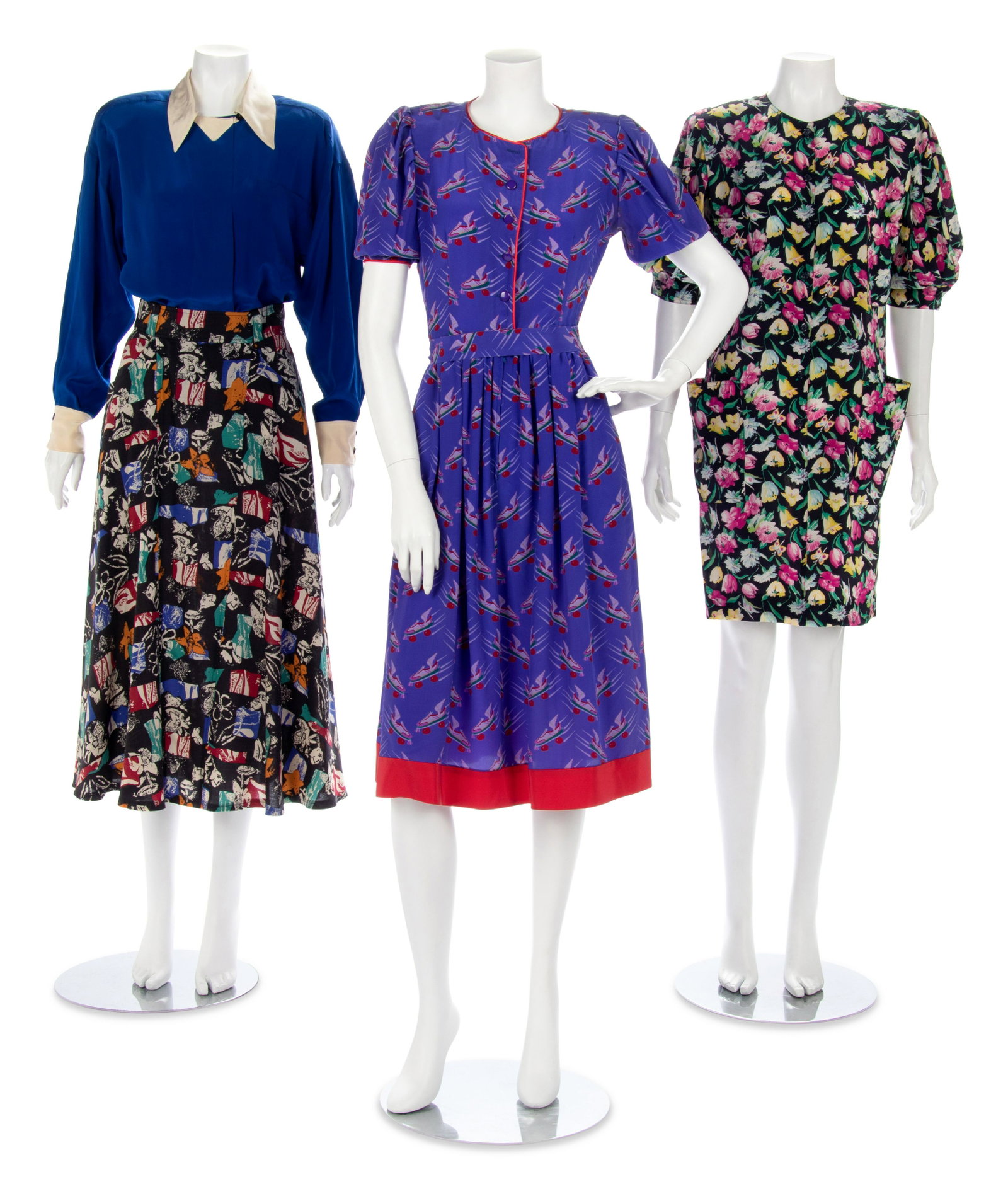 Three Vintage Designer Ensembles; Two Ungaro, One: Three Vintage Designer Ensembles; Two Ungaro, One Karl Lagerfeld, 1980s This lot includes three ensembles. THE FIRST Blue crepe de Chine with flying roller skates print dress, blouse
