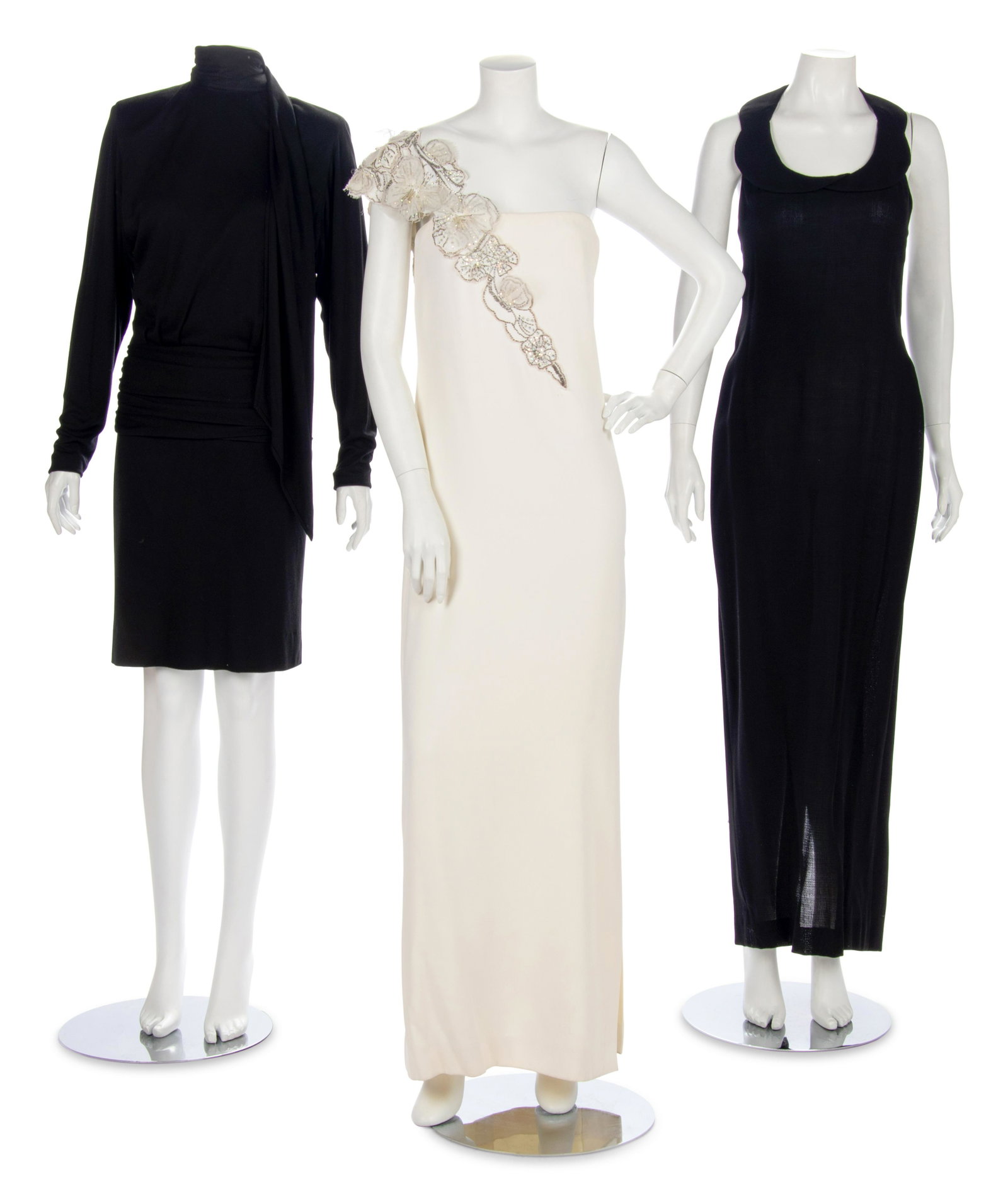 Three Designer Dresses; Two Jean Louis Scherrer, One: Three Designer Dresses; Two Jean Louis Scherrer, One Galanos, 1980s This lot includes three dresses. THE FIRST Black crepe stylized Peter Pan collared halter dress with center back skirt zipper 