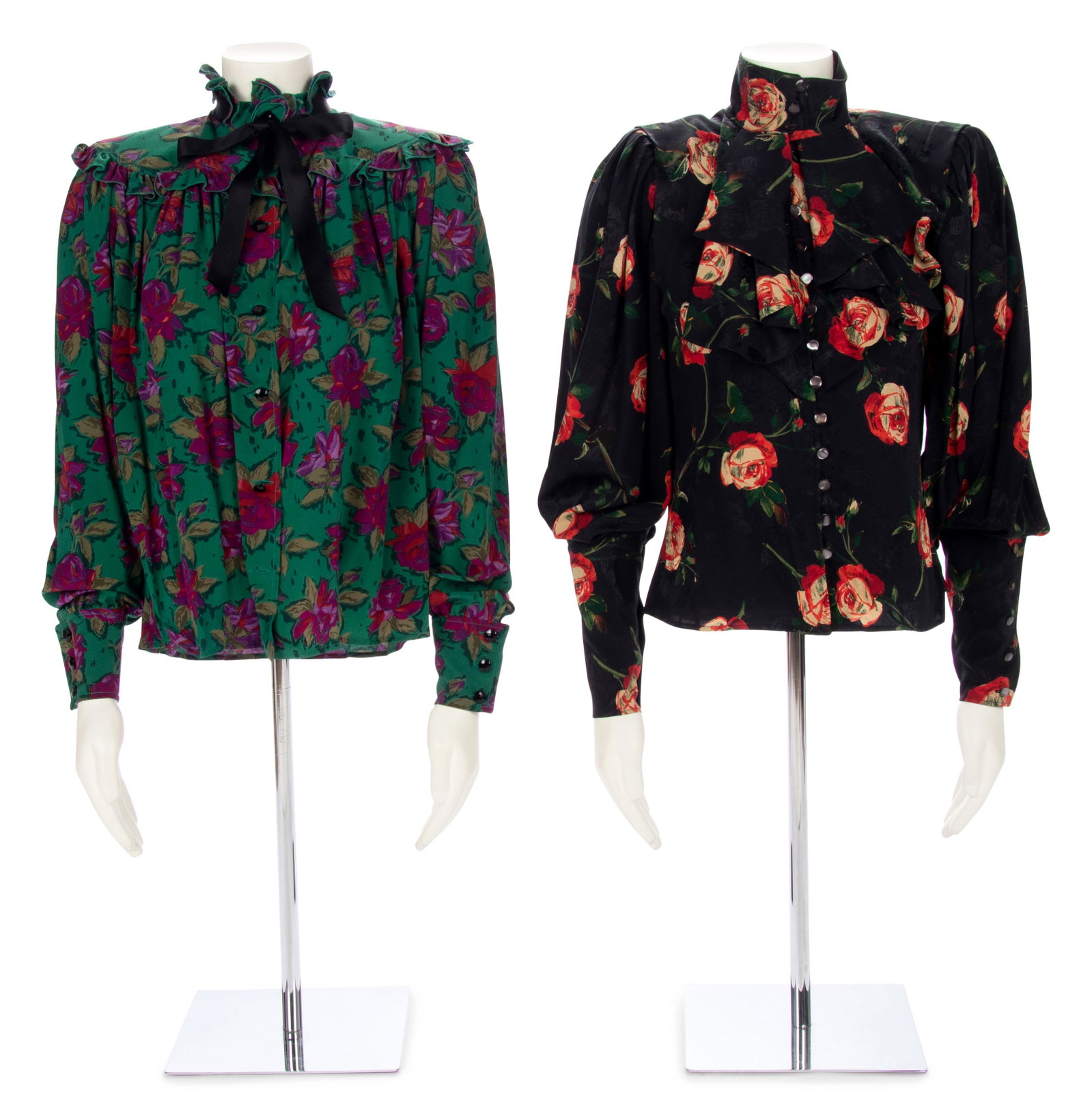 Three Vintage Designer Shirts; Two Ungaro, One Gucci: Three Vintage Designer Shirts; Two Ungaro, One Gucci 1980s: This lot includes three designer shirts. THE FIRST Black damask and red rose print blouse with mock neck collar, jabot front, cu