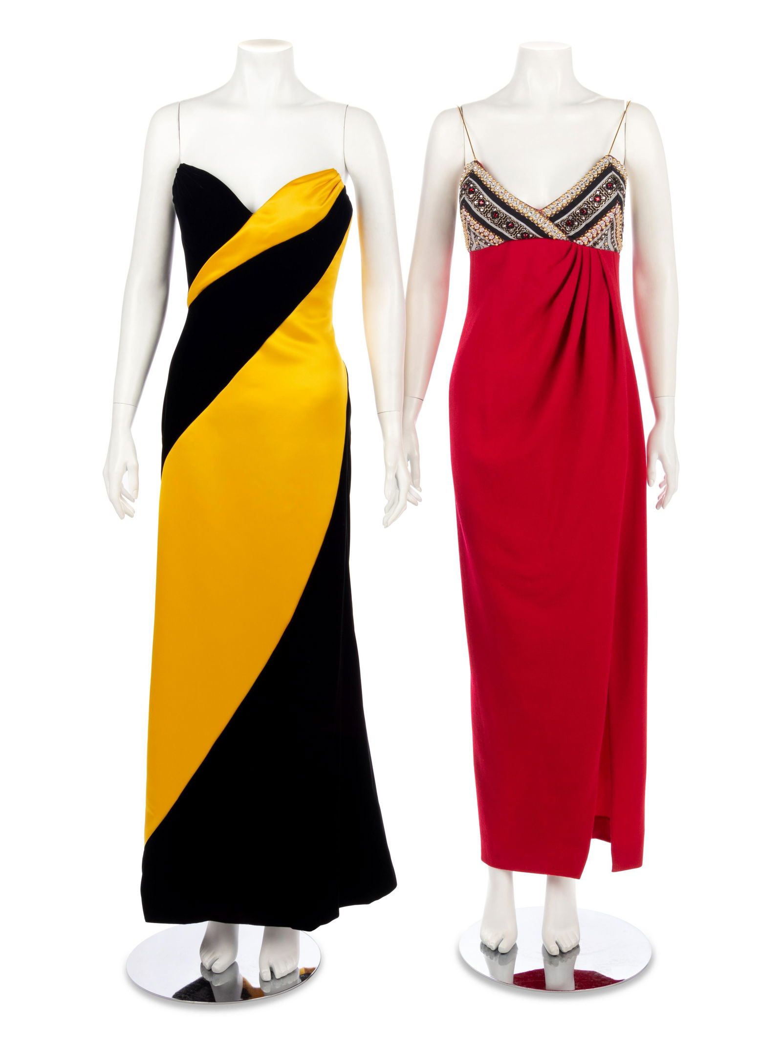 Two Bob Mackie Vintage Dresses, 1980-90s: Two Bob Mackie Vintage Dresses, 1980-90s This lot includes two evening dress ensembles. THE FIRST Black polyester velvet and yellow satin spiral strapless evening dress with matching wrap. 