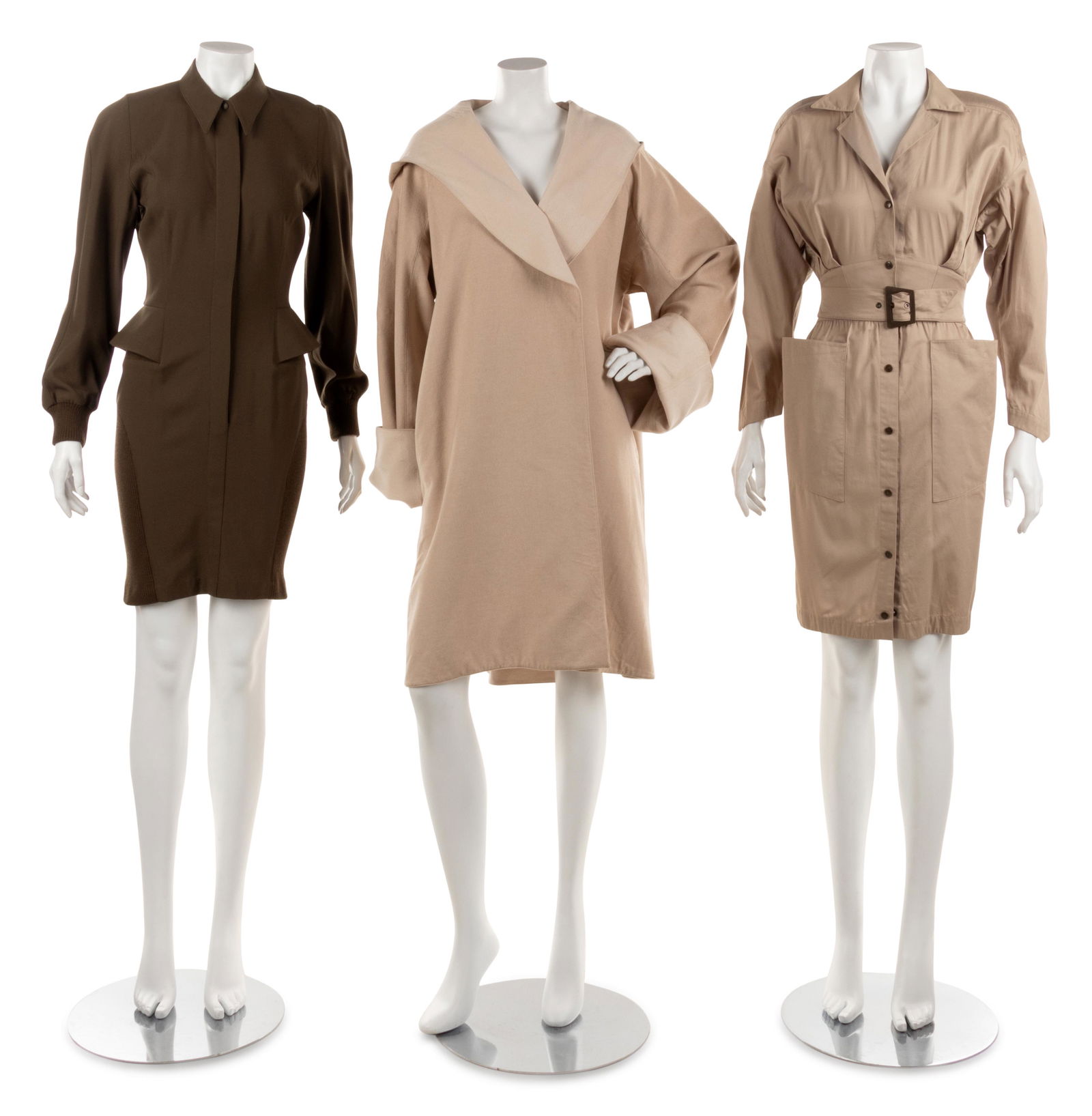 Three Thierry Mugler Dresses and Coat, 1980s : Three Thierry Mugler Dresses and Coat, 1980s This lot includes three designer pieces; two dresses, one coat. THE FIRST Army green wool double interlock knit shirt dress with ribbed cuffs a