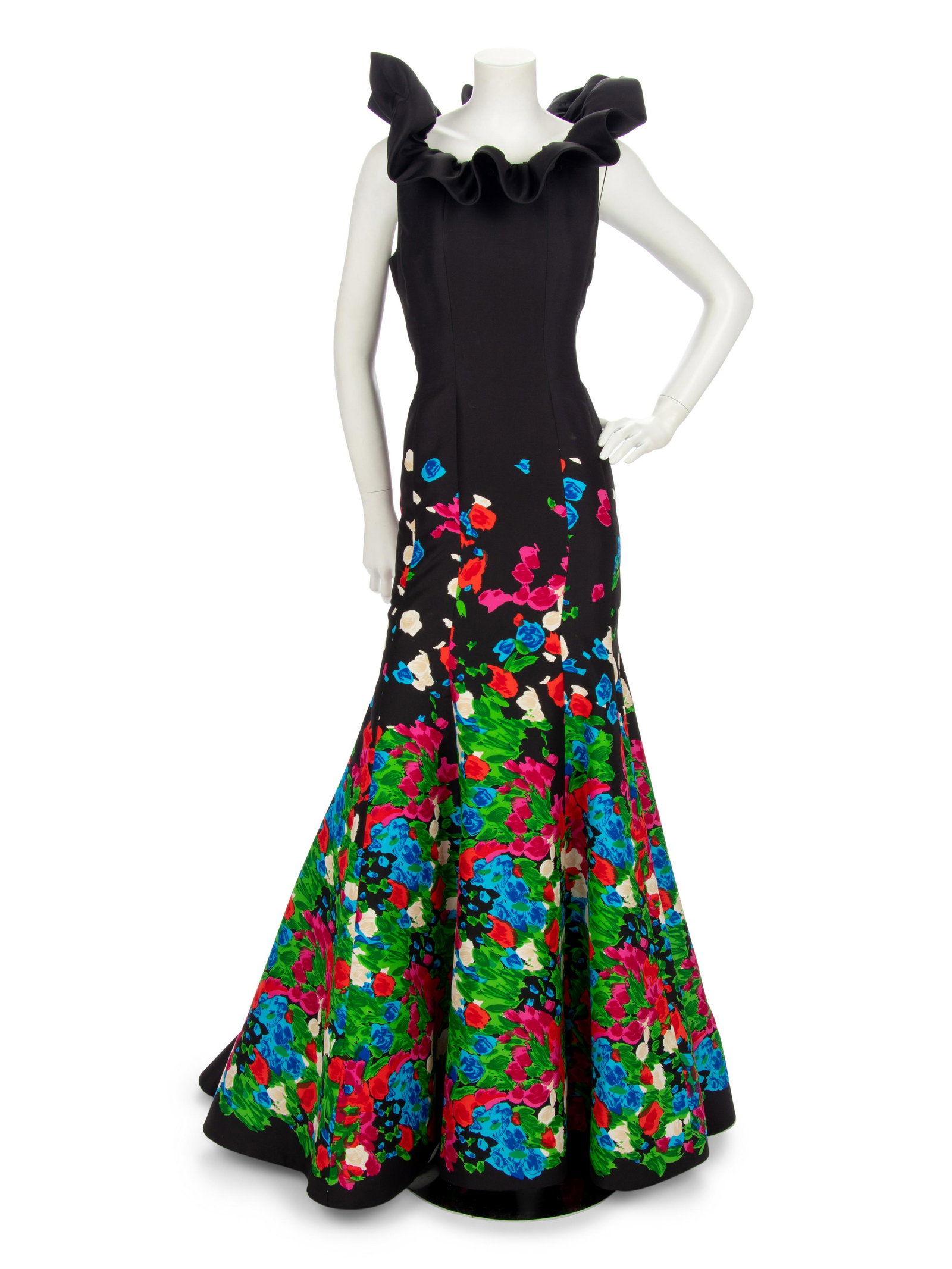 Oscar de la Renta Black Silk Evening Gown, Fall 2008: Oscar de la Renta Black Silk Evening Gown, Fall 2008 Black silk taffeta sleeveless mermaid dress with multi-hued floral print on hemline, ruffled neckline, and left side zipper closure. Label: O