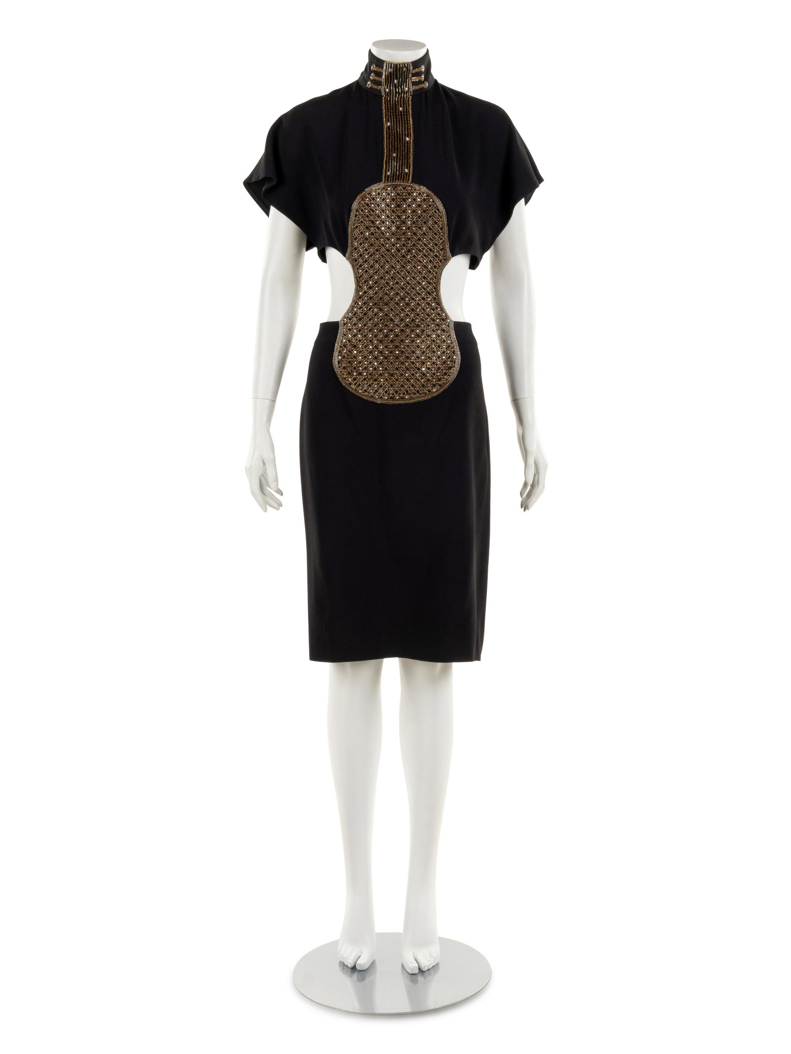 Chloe Violin Cut-out Black Dress, 2013 Reissue with: Chloe Violin Cut-out Black Dress, 2013 Reissue with Tags Originally designed by Karl Lagerfeld in 1983. Black acetate blend crepe evening dress with embellished gold-tone beaded violin and cut away ba
