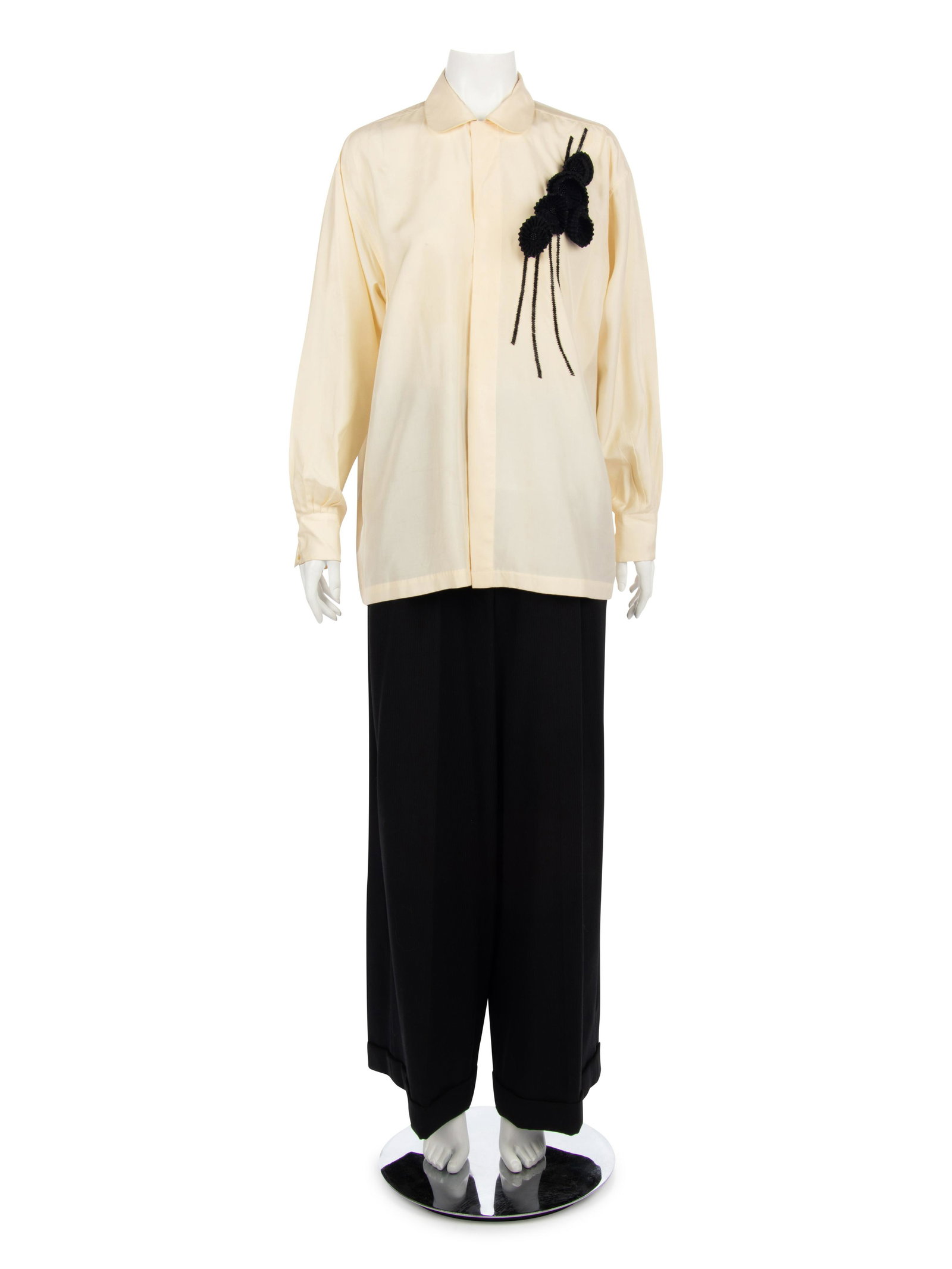 Collection of Four Japanese Designer Pieces; One Issey: Collection of Four Japanese Designer Pieces; One Issey Miyake, One Kenzo, Two Matsuda, This lot includes four ensembles. THE FIRST Cream silk blouse with Peter-Pan collar, barrel cuff slee