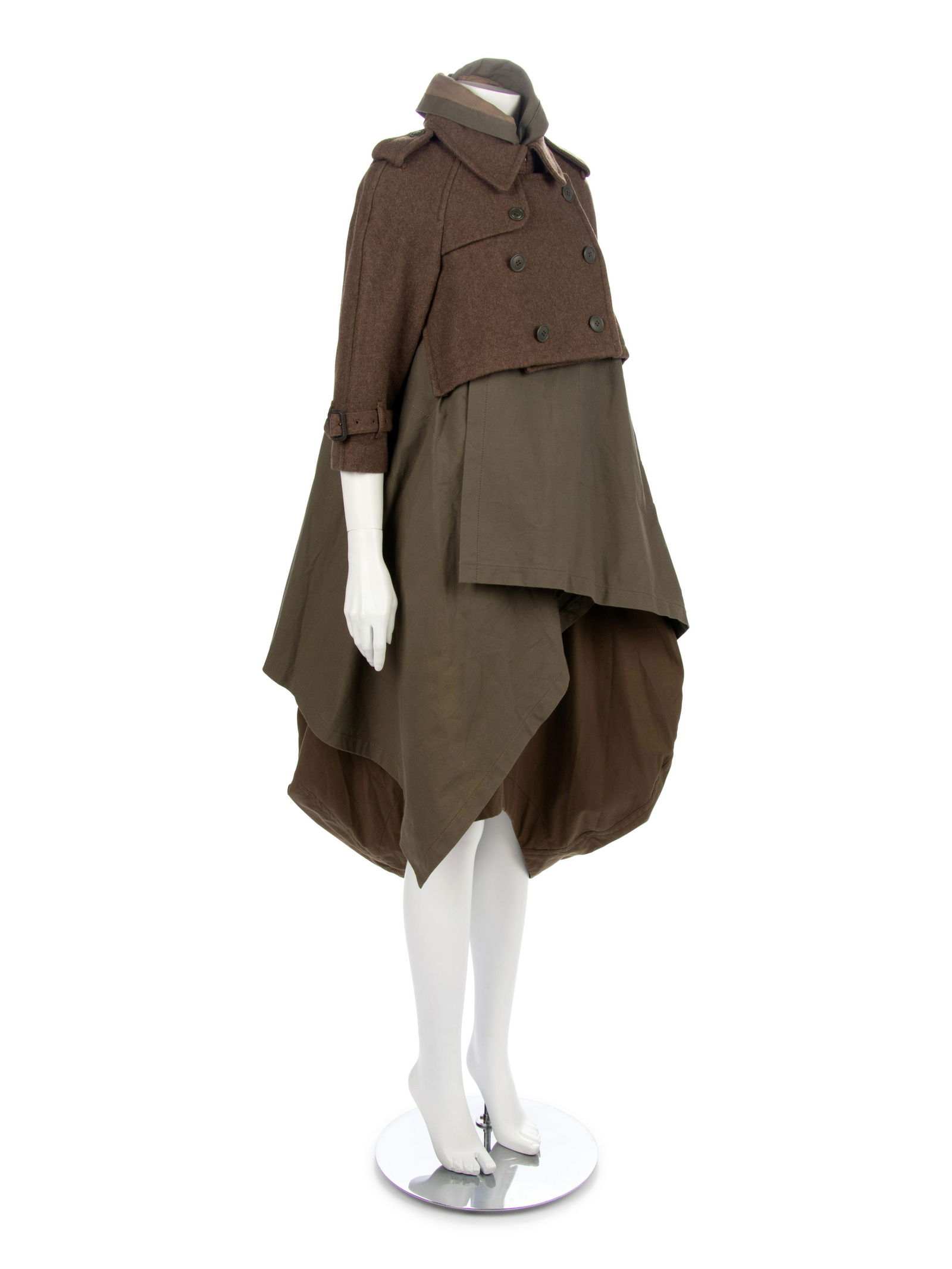 Comme des Garcons Khaki Jacket with Bubble Skirt,: Comme des Garcons Khaki Jacket with Bubble Skirt, Fall/Winter 2009 Brown-green cotton khaki and worsted wool military style flared jacket with uneven hem; paired with matching brown-green cotton