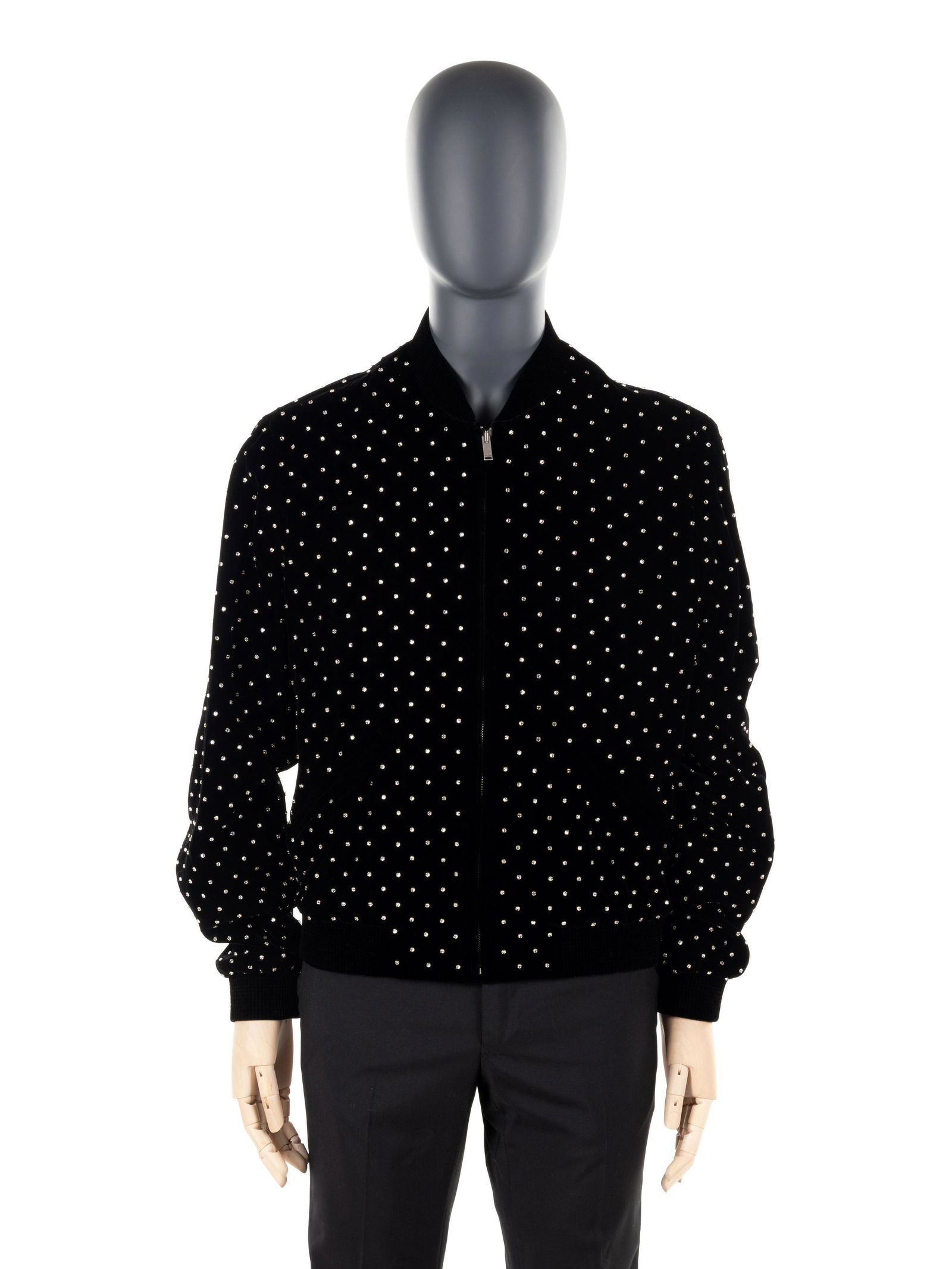 Unworn Saint Laurent Men's Velvet Studded Bomber: Unworn Saint Laurent Men's Velvet Studded Bomber Jacket, 2018 BNY 62 The pants depicted in the photo are not included with the lot. Black viscose blend velvet bomber jacket with clear rhinestone