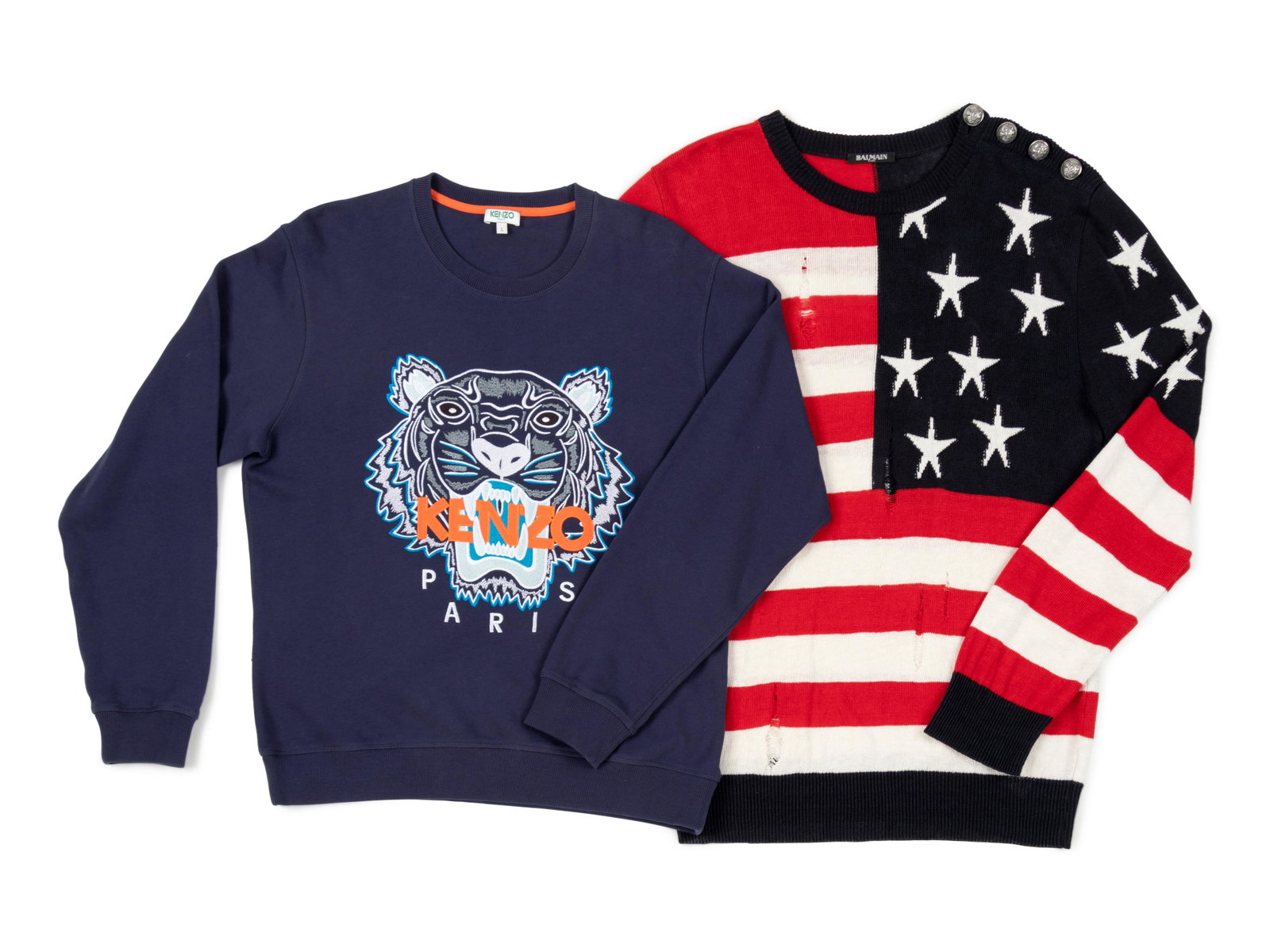 Three Men's Designer Sweaters; One Balmain Sweater, Two: Three Men's Designer Sweaters; One Balmain Sweater, Two Kenzo Sweatshirts, c. 2017 BNY 55, 66, 174 This lot includes three men's designer tops; one sweater and two sweatshirts. THE FIRST L