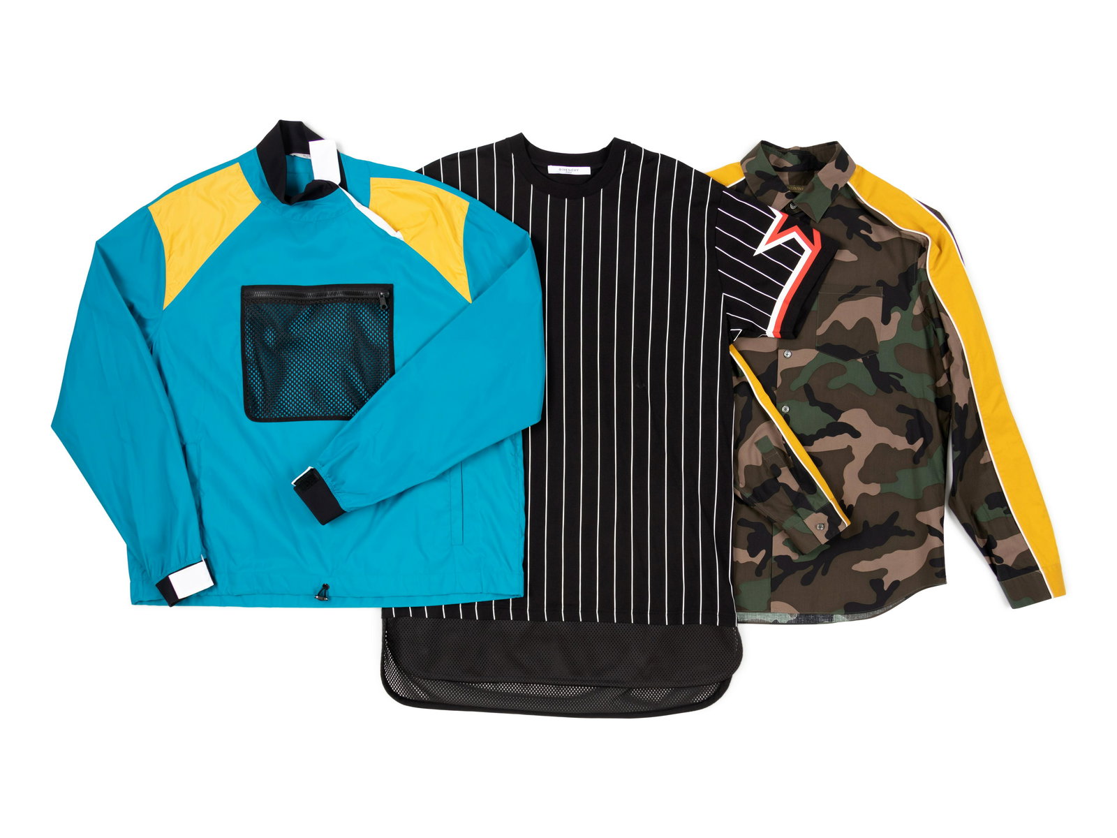 Three Men's Shirts; Two Valentino, One Givenchy,: Three Men's Shirts; Two Valentino, One Givenchy, c.2017 BNY 31, 43, 67 This lot includes three men's designer shirts. THE FIRST Bright blue and yellow polyamide pull over windbreaker with 