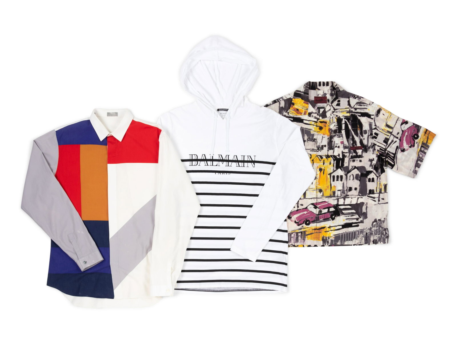 Three Men's Shirts; One Balmain, One Prada, One Dior,: Three Men's Shirts; One Balmain, One Prada, One Dior, c.2017 BNY 89, 90, 98 This lot includes three men's designer shirts. THE FIRST White cotton jersey knit hooded pullover with black printed b