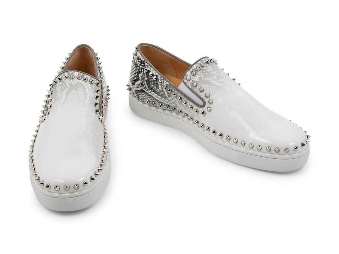 Three Men's Designer Dress Shoes; One Louboutin, Two: Three Men's Designer Dress Shoes; One Louboutin, Two Jimmy Choo, c. 2017 BNY 255, 276 This lot includes three pairs of men's shoes. THE FIRST White snake print patent leather boat flat wit