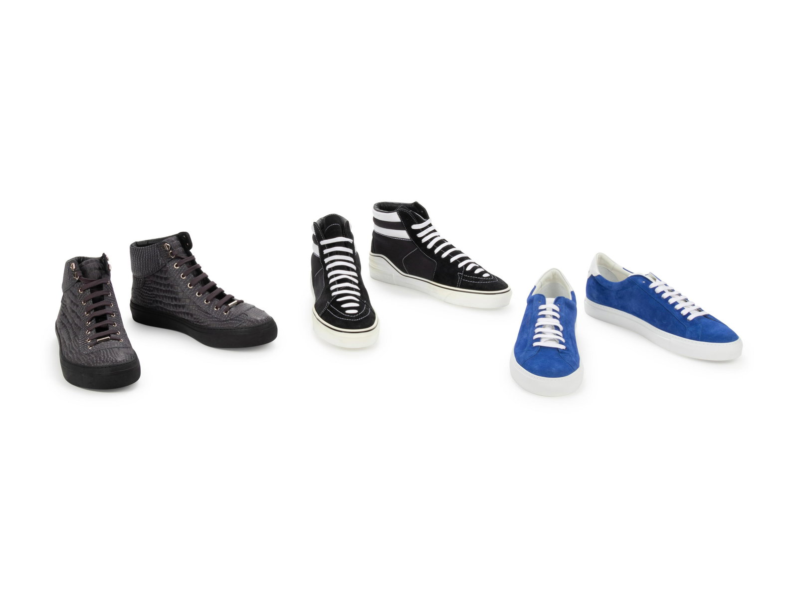 Three Pairs of Men's Designer Shoes; One Jimmy Choo,: Three Pairs of Men's Designer Shoes; One Jimmy Choo, Two Givenchy, c.2017 BNY 241, 247, 256 This lot includes three pairs of men's shoes. THE FIRST Gray and black emobssed leather to look like a