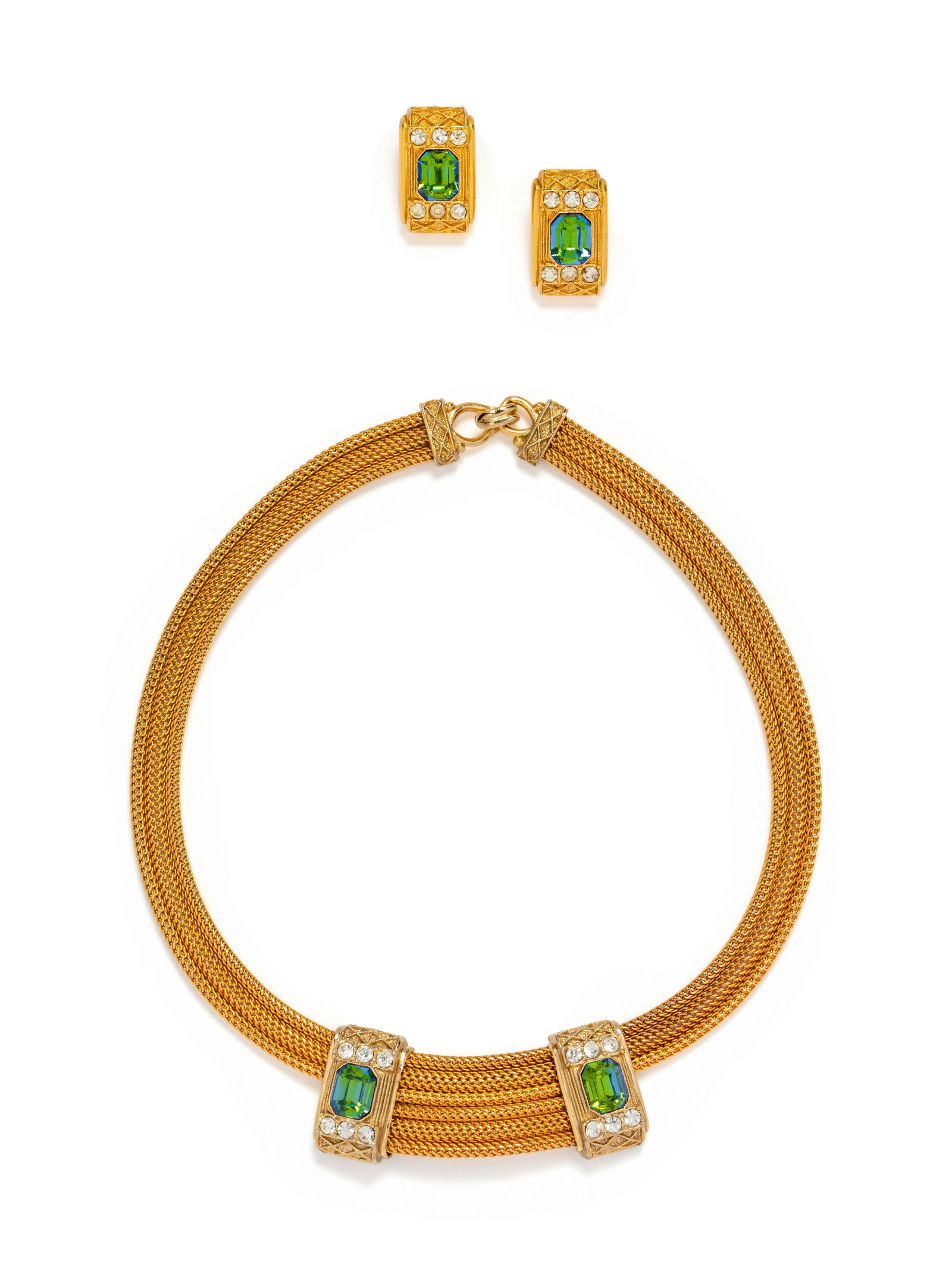 Balenciaga Pair of Earrings and Necklace, : Balenciaga Pair of Earrings and Necklace, This lot includes a set of Balenciaga costume jewelry; one pair of earrings, one necklace. THE FIRST Earrings Goldtone earrings set with faceted g