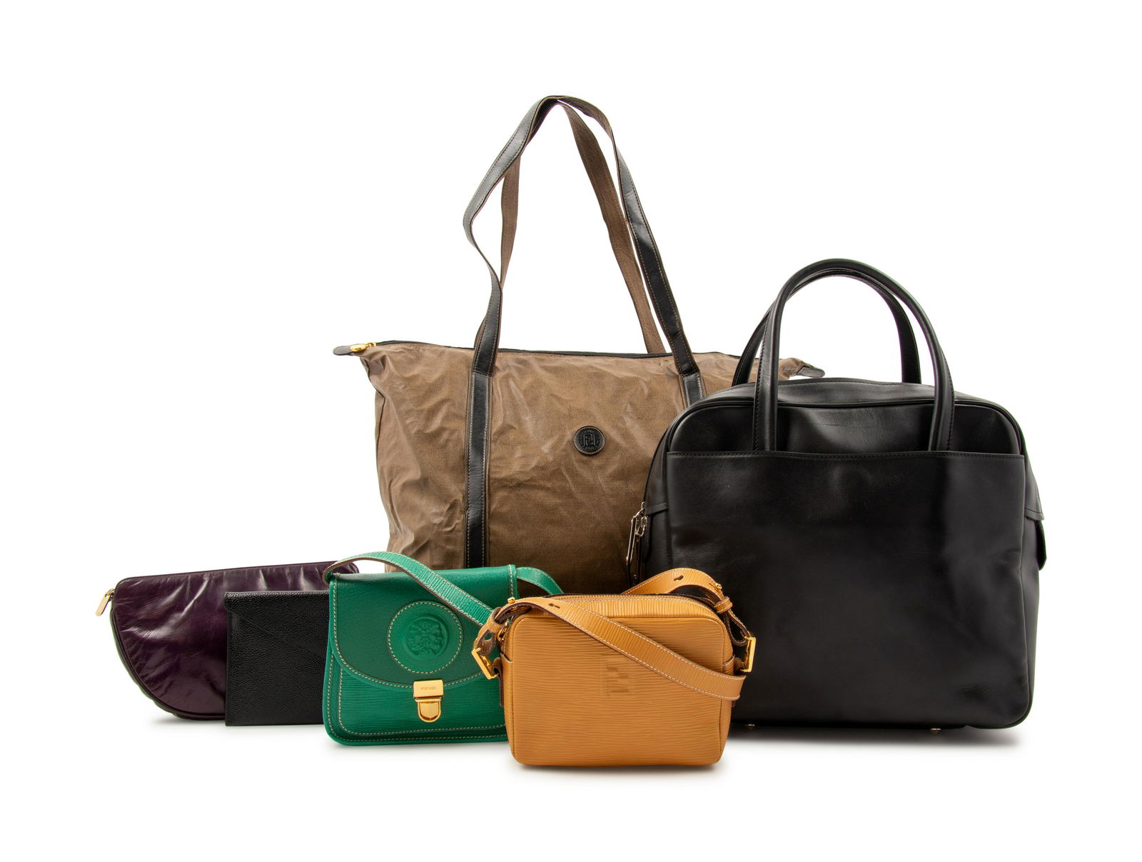 Six Designer Bags, 1980-2000s: Six Designer Bags, 1980-2000s One Alaia Clutch, THREE Fendi: Yellow, Green, larger brown and tan Handbag, One Ferragamo Handbag, One Margiela Handbag, This lot includes four designer handbags. THE FIR