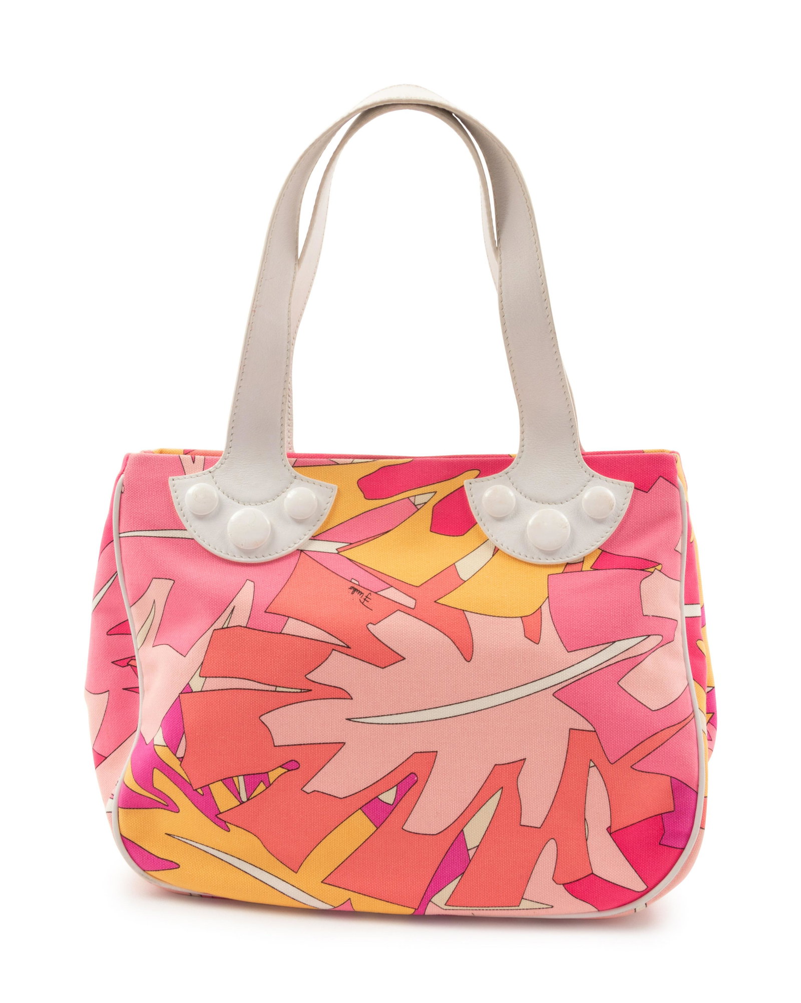 Pucci Pink Leaf Printed Bag, 1990s-2000s: Pucci Pink Leaf Printed Bag, 1990s-2000s Canvas handbag printed in pink, yellow, and white leaf pattern, with snap closure, lined with peach fabric with Emilio in print. Label: Emilio Gucci Approximat
