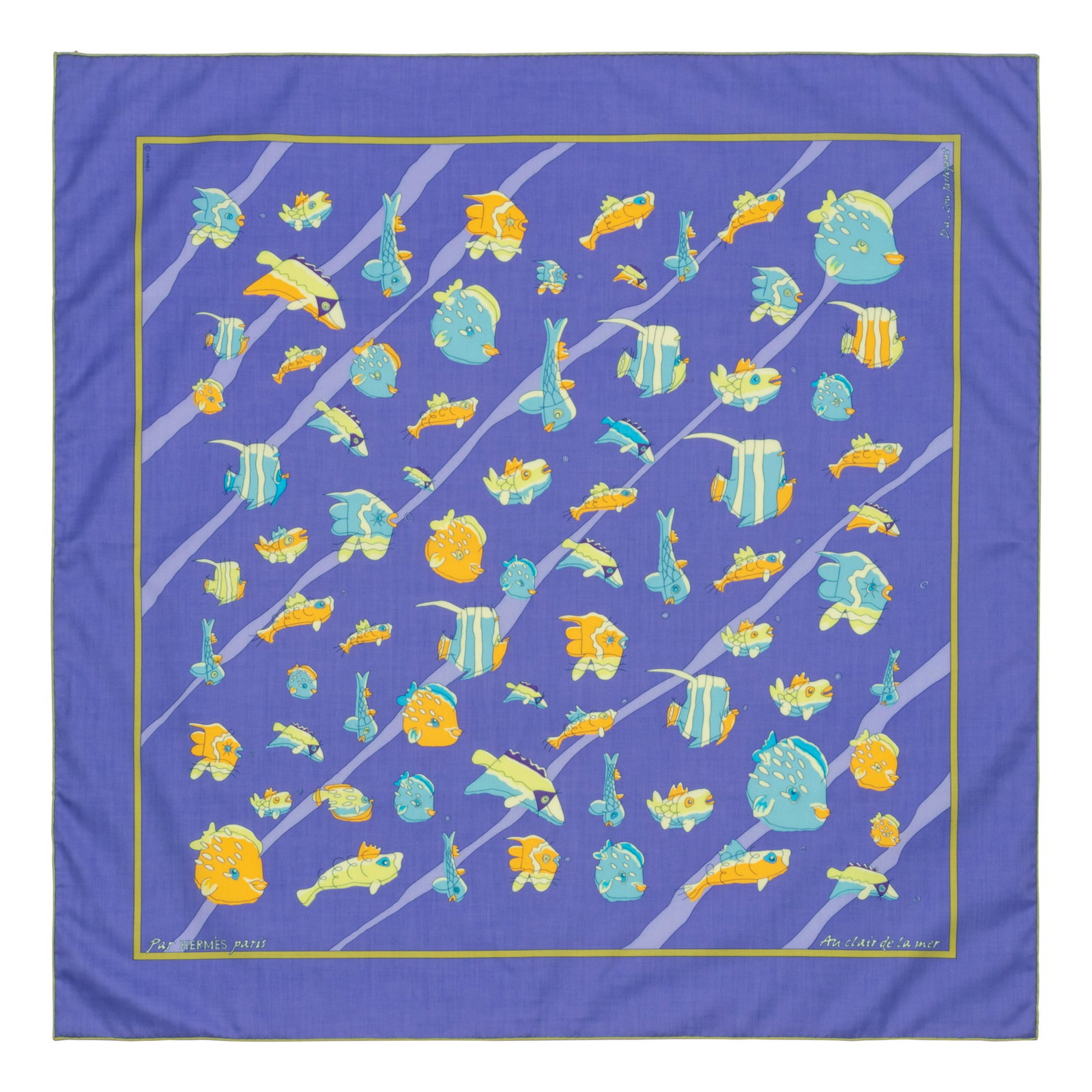 Three Hermes 70cm Cotton Scarf, 1990-2010s: Three Hermes 70cm Cotton Scarf, 1990-2010s This lot includes three scarves. THE FIRST "Au Clair de la Mer" pattern by Dominik Jarlegant. Year of issue, 2004. Label (within the print): Hermes App