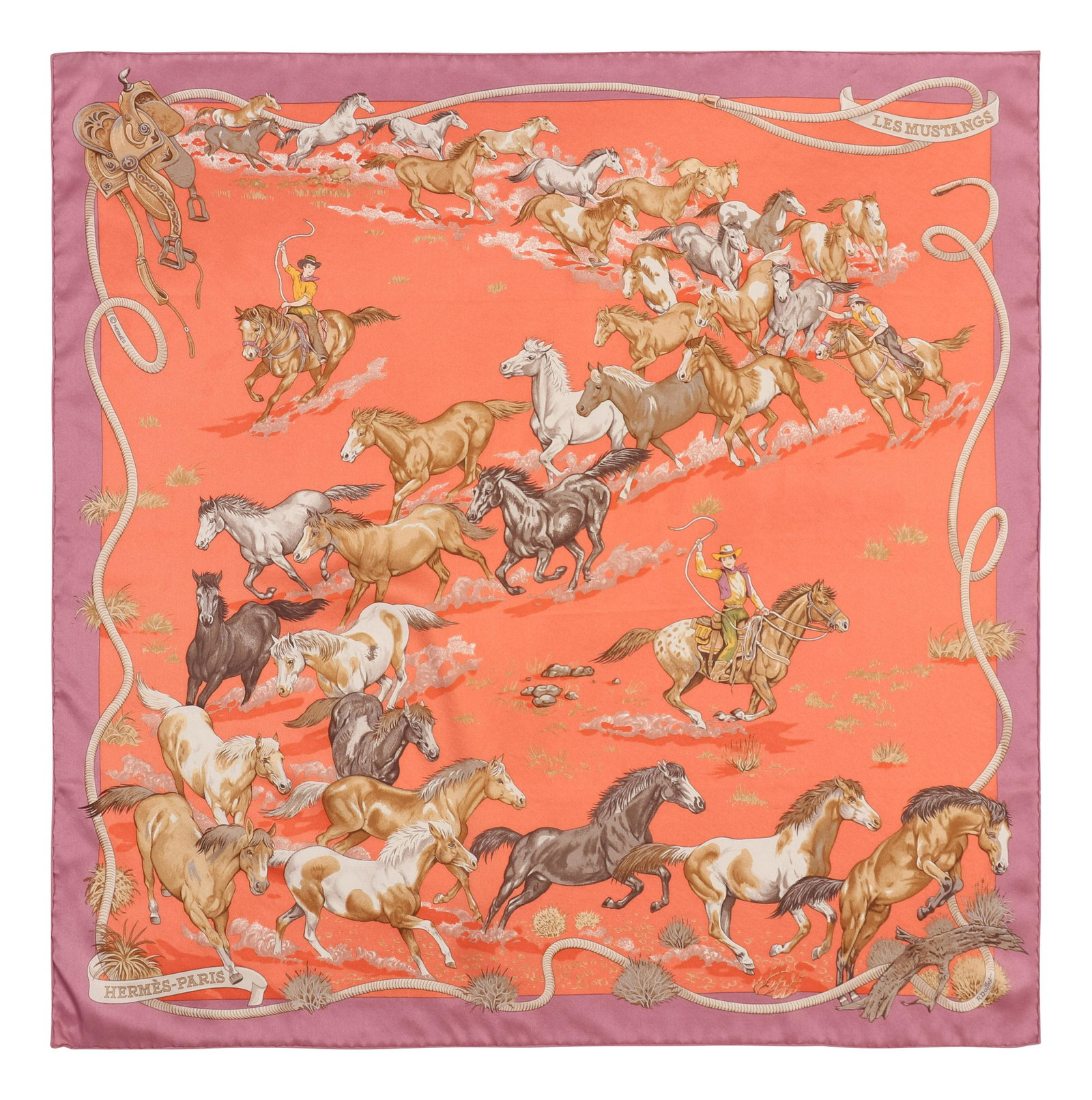Hermes 70cm Silk Scarf, Carre: Hermes 70cm Silk Scarf, Carre "Les Mustangs" pattern by Robert Dallet. Year of issue, 1993. Label (within the print): Hermes Comes with an Hermes box, which includes an Hermes retail label and a