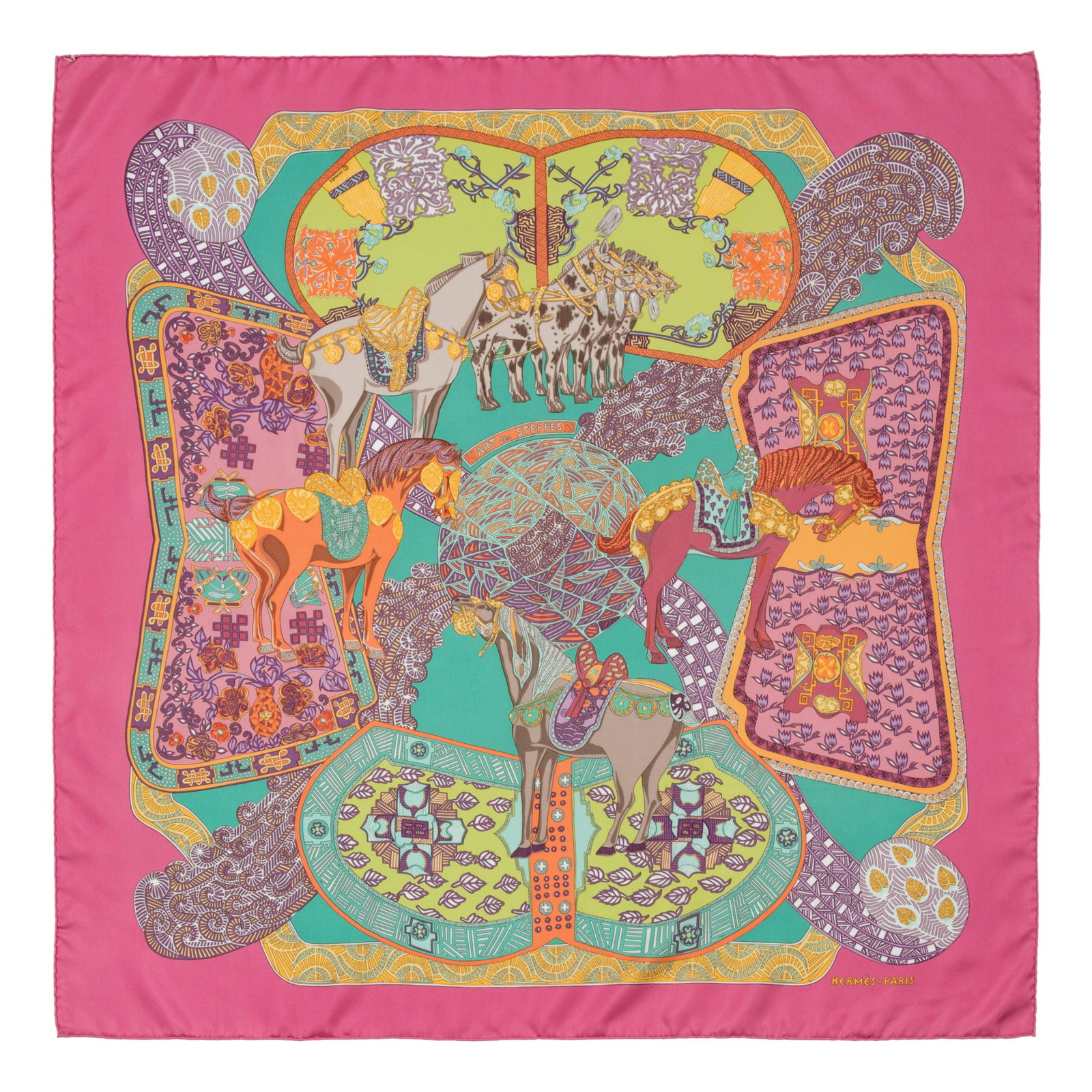 Two Hermes 90cm Silk Scarf, Carre : Two Hermes 90cm Silk Scarf, Carre This lot includes two scarves. THE FIRST "Art des Steppes" pattern by Annie Faivre. Year of issue, 1991. Label (within the print): Hermes Approximat