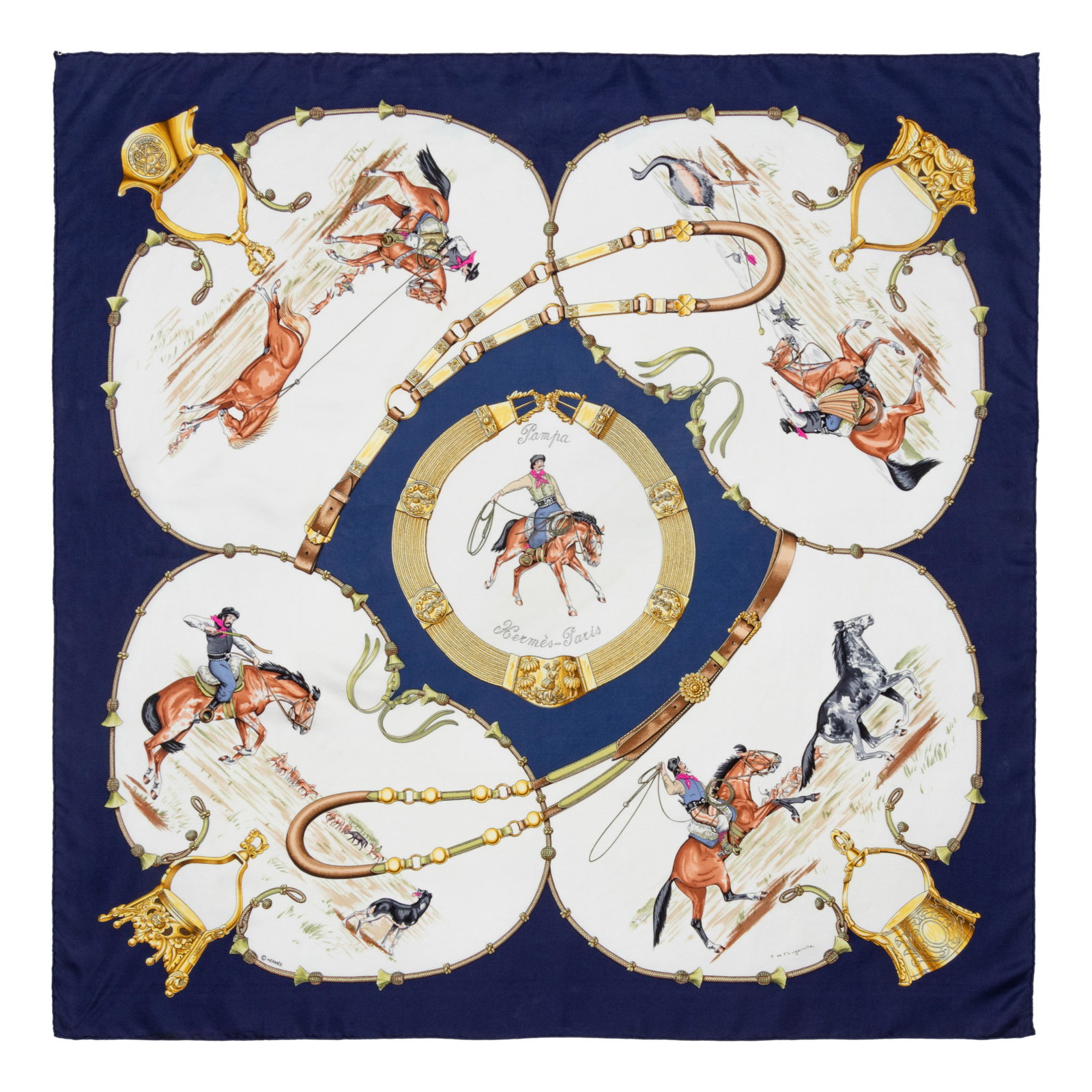 Two Hermes 90cm Silk Scarf, Carre : Two Hermes 90cm Silk Scarf, Carre This lot includes two scarves. THE FIRST "Pampa" pattern by Jean De Fougerolle. Year of issue, 1988. Label (within the print): Hermes Approximate Me
