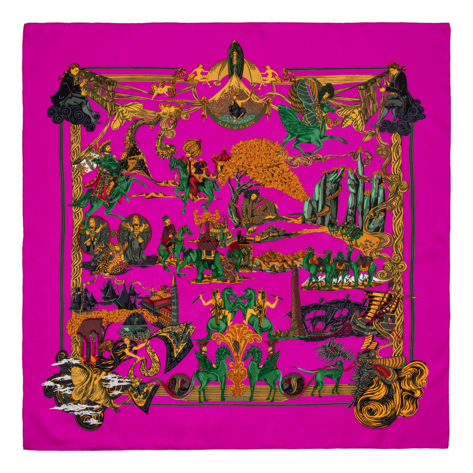 Two Hermes 90cm Silk Scarf, Carre : Two Hermes 90cm Silk Scarf, Carre This lot includes two scarves. THE FIRST "Jonques et Sampans" pattern by Francoise de la Perriere. Year of issue, 1966. Label (within the print): He