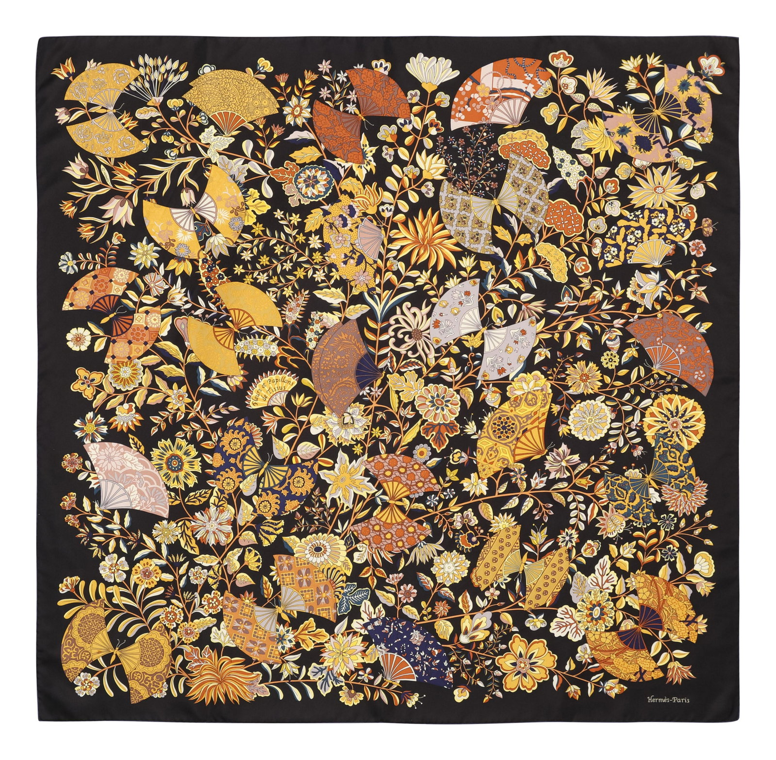 Hermes 90cm Silk Scarf, Carre: Hermes 90cm Silk Scarf, Carre "Fleurs et Papillons de Tissus" pattern by Christine Henry. Year of issue, 2013. Label (within the print): Hermes Comes with an Hermes box. Approximate M