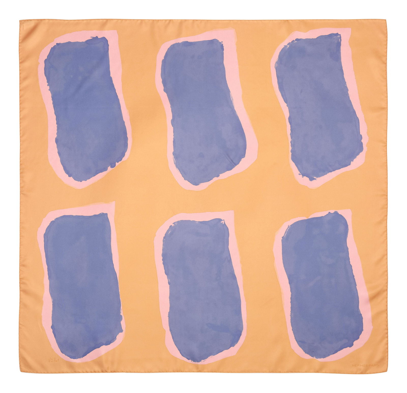 Hermes 90cm Silk Scarf, Carre: Hermes 90cm Silk Scarf, Carre "Multi" pattern by Claude Viallat. Year of issue, 2014. Label (within the print): Hermes Comes with an Hermes box, which contains a brown Hermes ribbon printed with