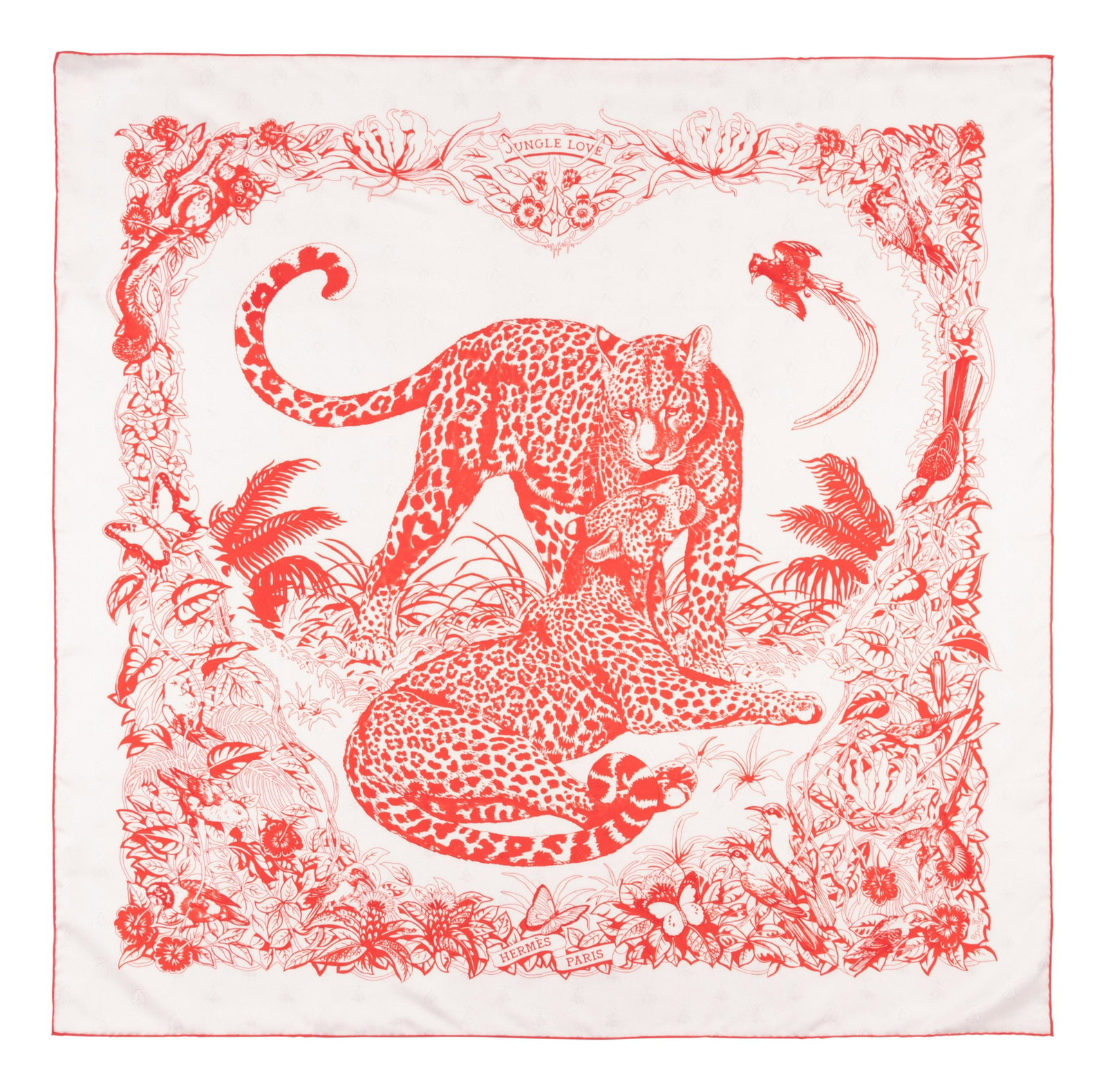 Hermes 90cm Silk Scarf, Carre: Hermes 90cm Silk Scarf, Carre "Jungle Love" pattern by Robert Dallet. Year of issue, 2000. Label (within the print): Hermes Comes with an Hermes box and retail label still attached to care label