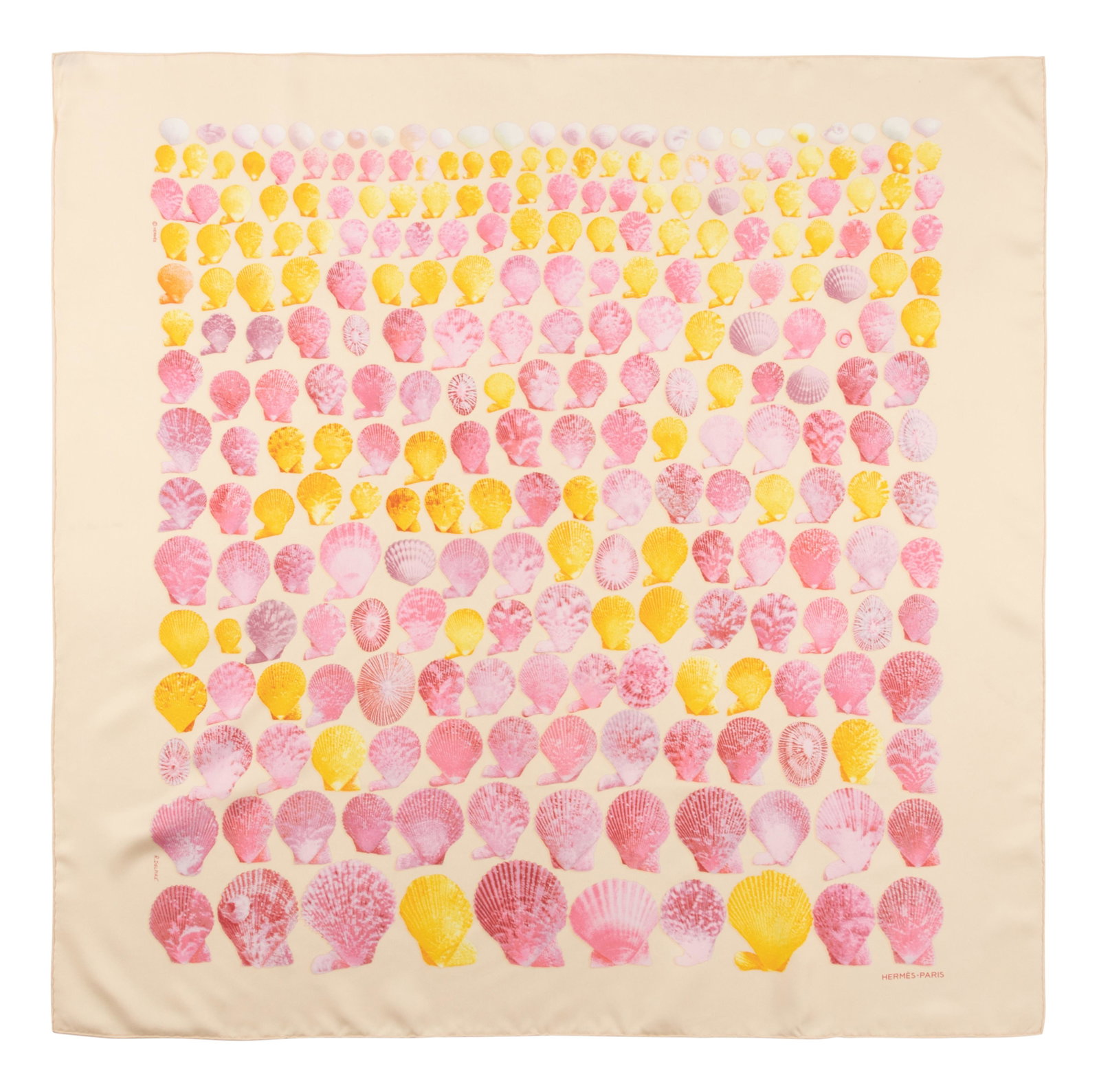 Hermes 90cm Silk Scarf, Carre : Hermes 90cm Silk Scarf, Carre "Coquilles" pattern by Robert Delpire. Year of issue, 1964. Label (within the print): Hermes Scarf retains the Hermes retail label and comes with an Hermes bo