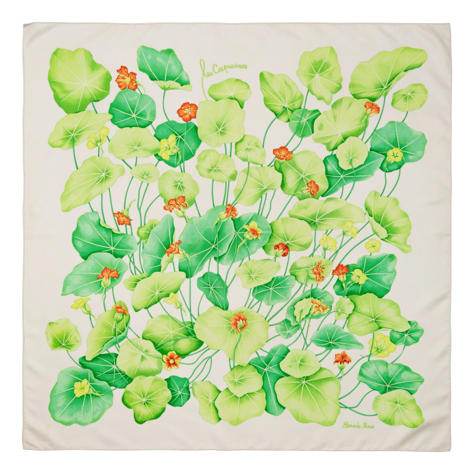 Hermes 90cm Silk Scarf, Carre : Hermes 90cm Silk Scarf, Carre "Les Capucines" pattern by Antoine de Jacquelot. Year of issues, 2003. Label (within the print): Hermes Approximate Measurements: 35.5" x 35"