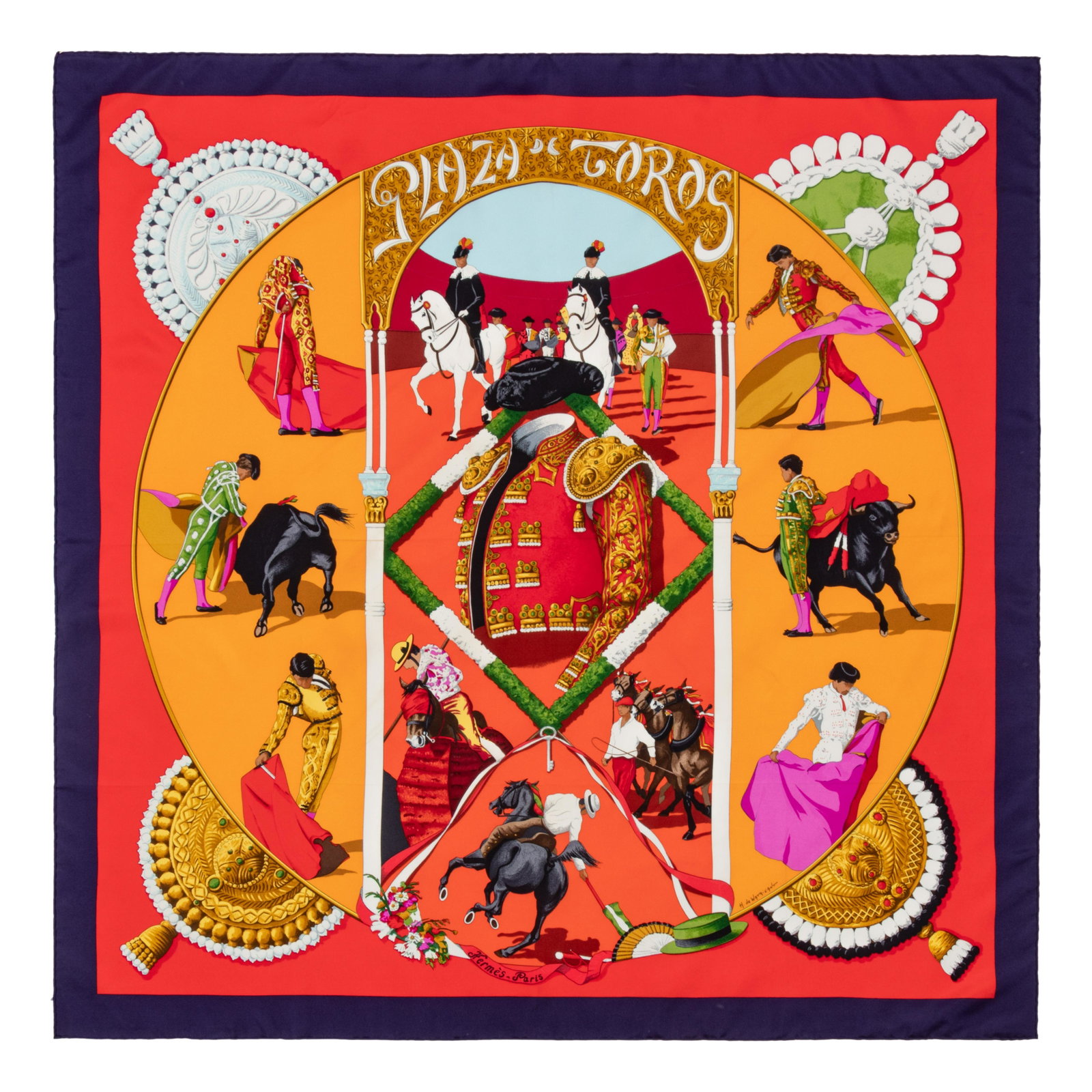 Two Hermes 90cm Silk Scarf: Two Hermes 90cm Silk Scarf This lot includes two scarves. THE FIRST "Plaza de Toros" pattern by Hubert de Watrigant. Year of issue, 1993. Label (within the print): HermèsComes with an Hermès box. Ap