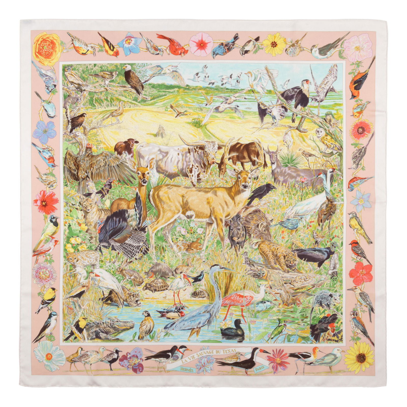 Hermes 90cm Silk Scarf, Kermit Oliver: Hermes 90cm Silk Scarf, Kermit Oliver "La Vie Sauvage du Texas" pattern by designed by Kermit Oliver. Year of issue, 2014. Together with a box. Label (within the print): Hermes Approximate Measurement