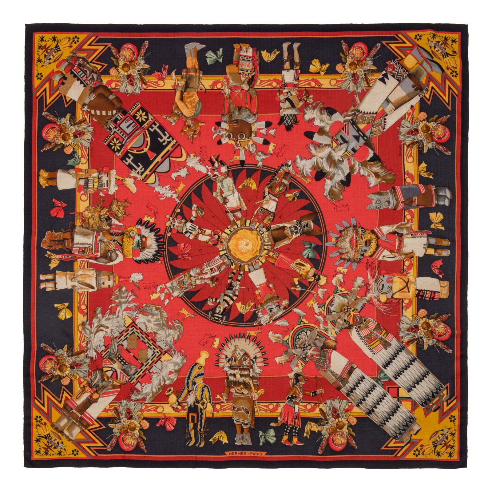 Hermes 140cm Cashmere & Silk Shawl, Kermit Oliver : Hermes 140cm Cashmere & Silk Shawl, Kermit Oliver "Kachinas" pattern by Kermit Oliver. Year of issue, 1992. Label (within the print): Hermes Approximate Measurements: 53" x 53" Property fr