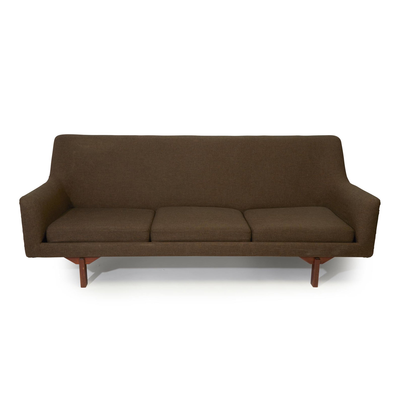 Tove & Edvard Kindt-Larsen (Danish, 1906-1994 and: Tove & Edvard Kindt-Larsen (Danish, 1906-1994 and 1901-1982)Three-seat Sofa, Thorald Madsens, Denmark, circa 1960Teak, wool Frame with applied brass tag: "Thorald Madsens Snedkeni København", frame w